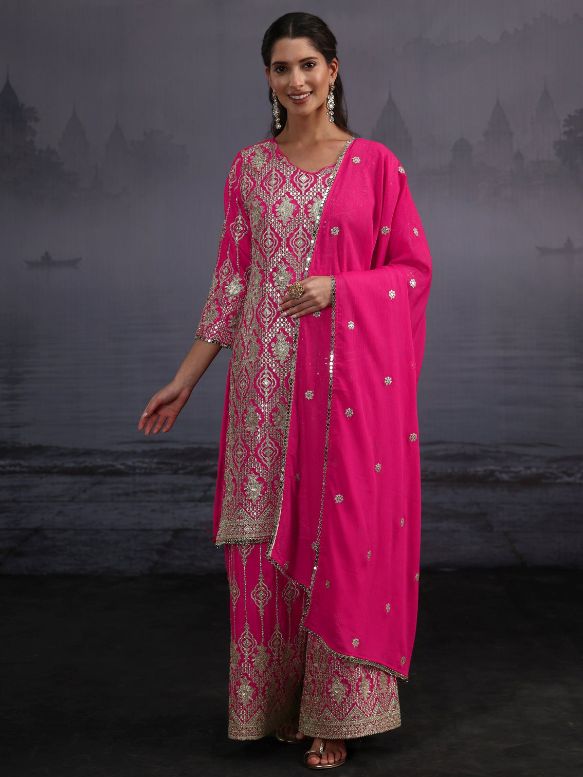 Mameraa Art Fuchsia Pink Dabka Work Chinon Palazzo Suit Set