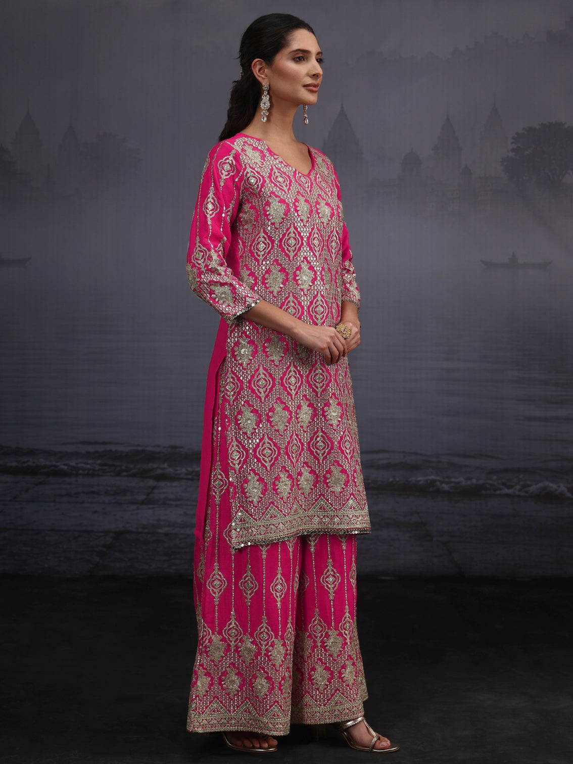 Mameraa Art Fuchsia Pink Dabka Work Chinon Palazzo Suit Set