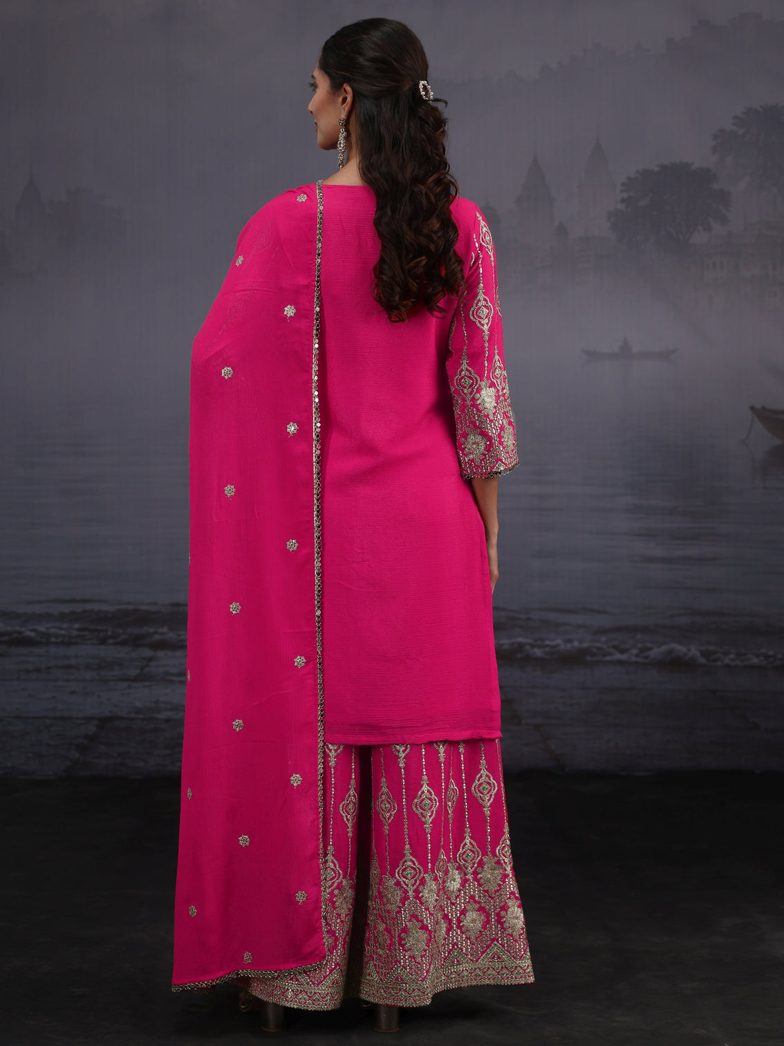 Mameraa Art Fuchsia Pink Dabka Work Chinon Palazzo Suit Set