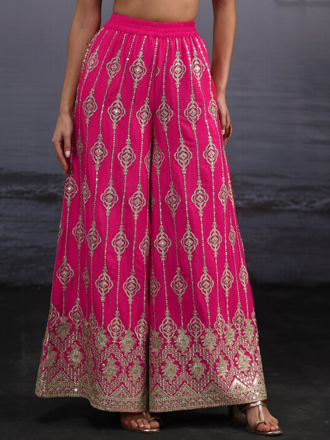 Mameraa Art Fuchsia Pink Dabka Work Chinon Palazzo Suit Set