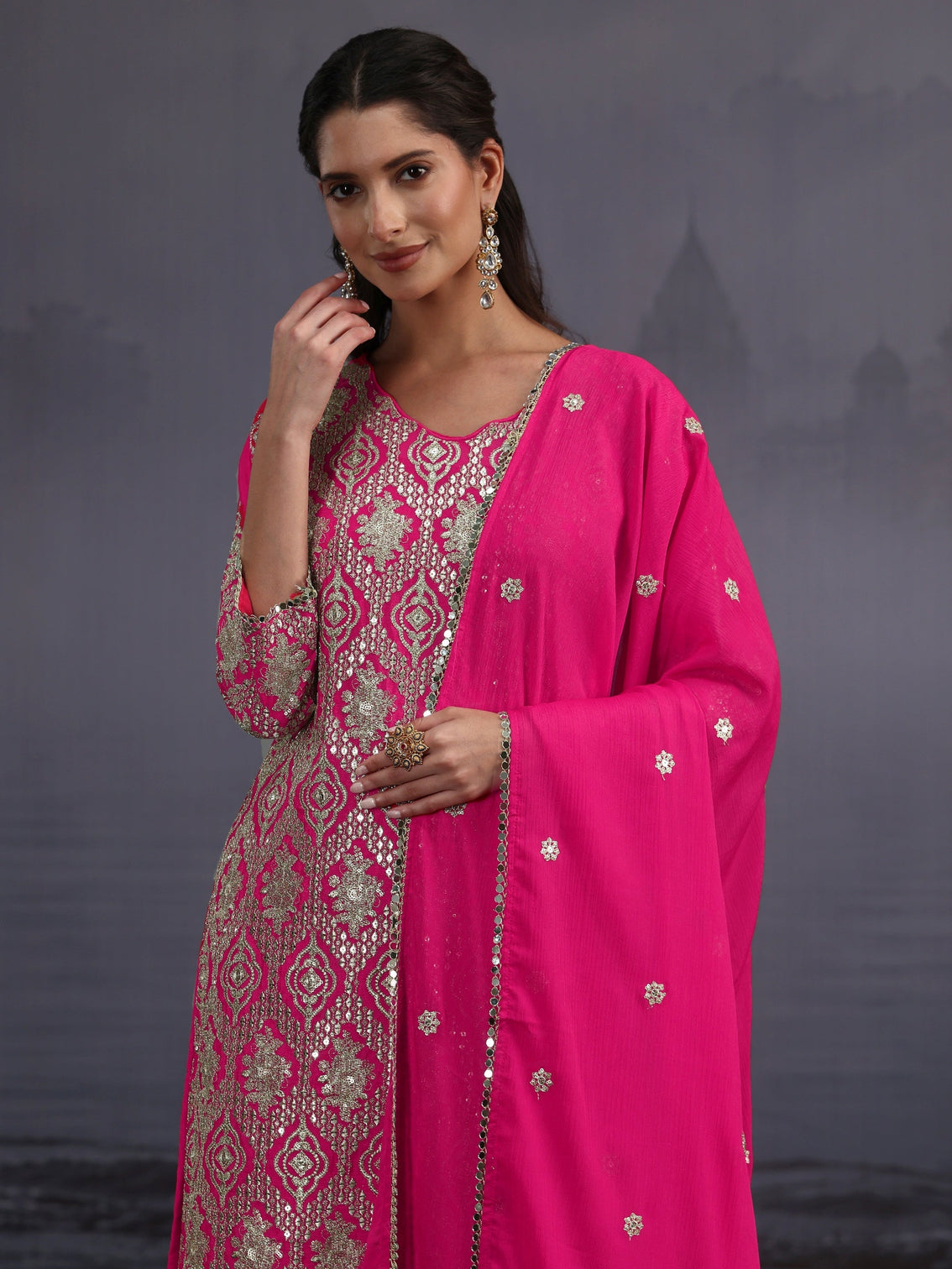 Mameraa Art Fuchsia Pink Dabka Work Chinon Palazzo Suit Set