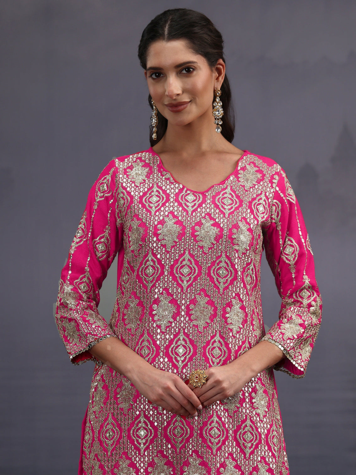 Mameraa Art Fuchsia Pink Dabka Work Chinon Palazzo Suit Set
