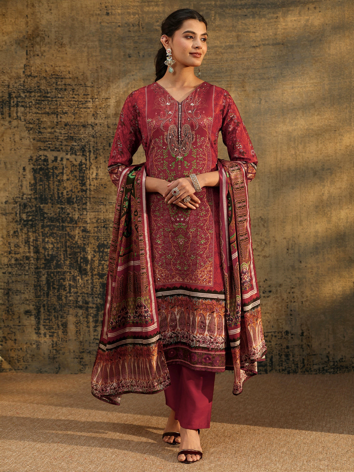 Mameraa Rust Brown Ethnic Print Chinon Straight Suit Set