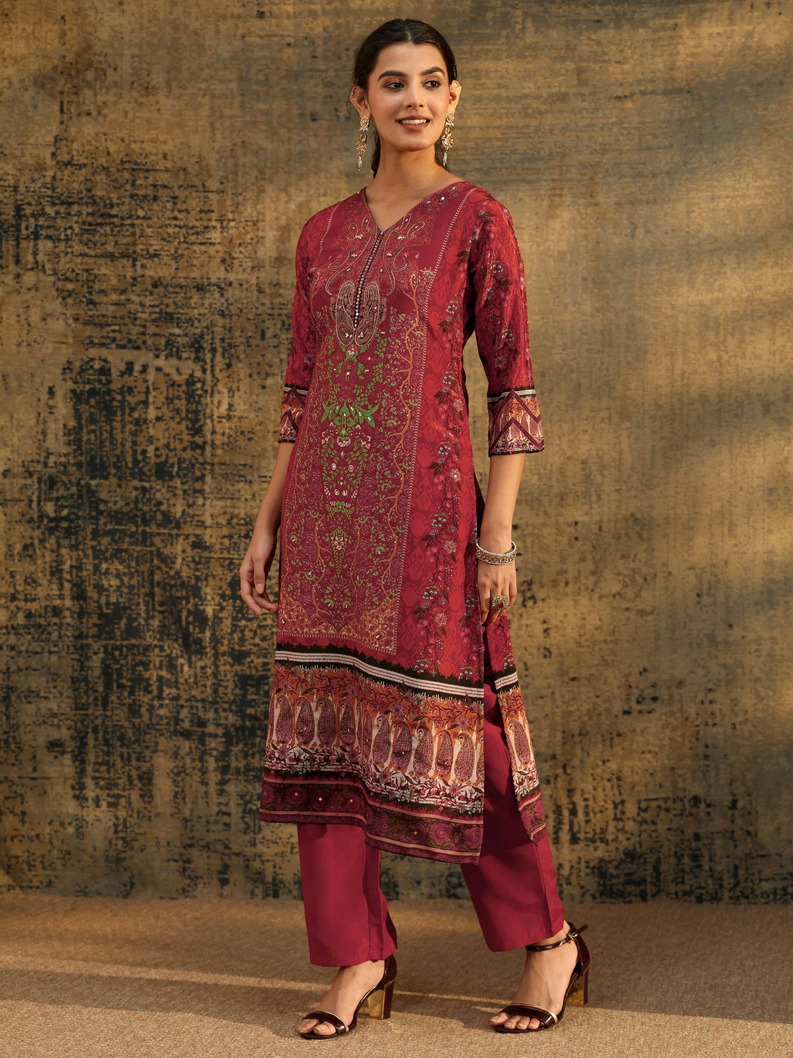 Mameraa Rust Brown Ethnic Print Chinon Straight Suit Set