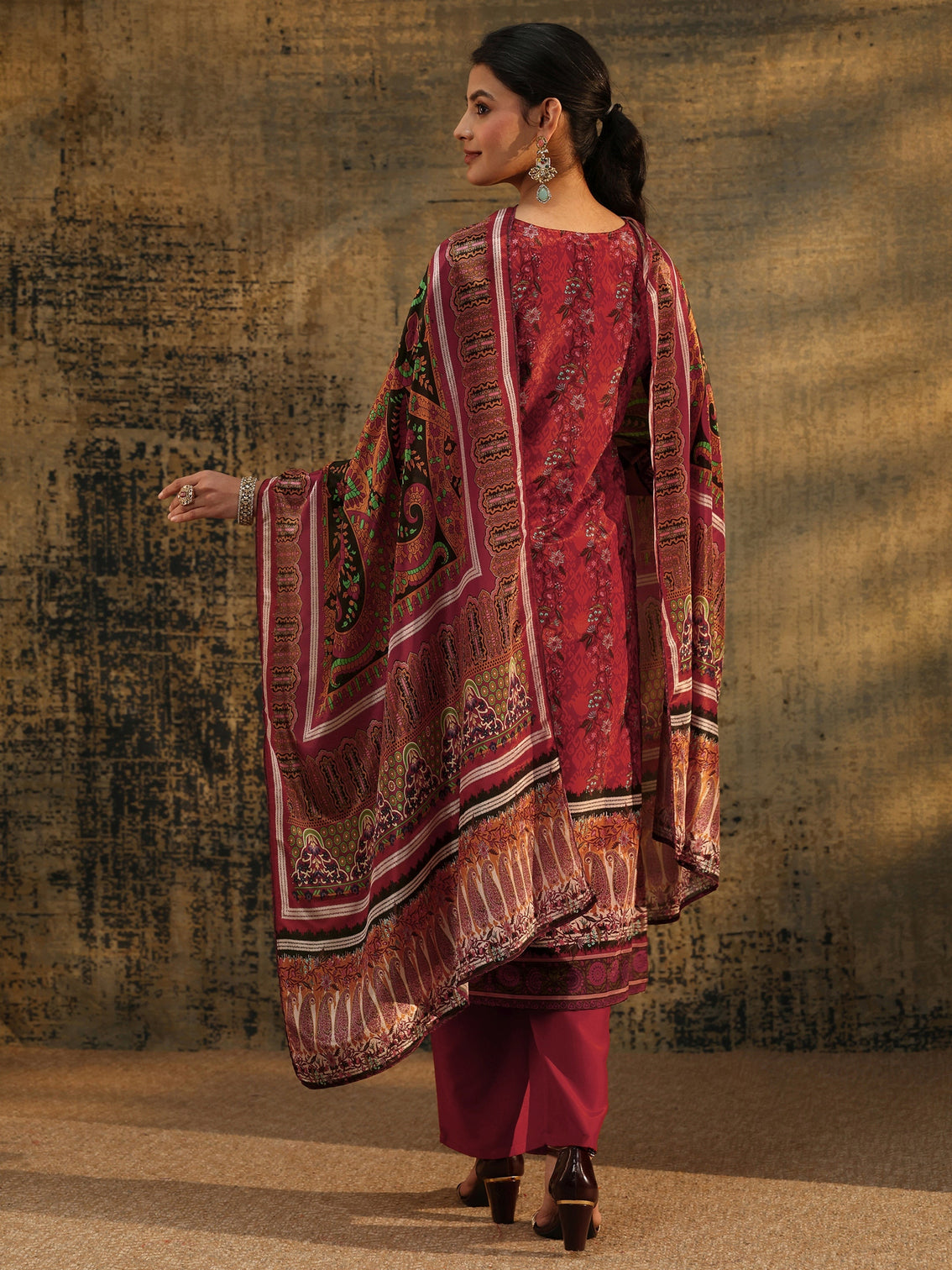 Mameraa Rust Brown Ethnic Print Chinon Straight Suit Set
