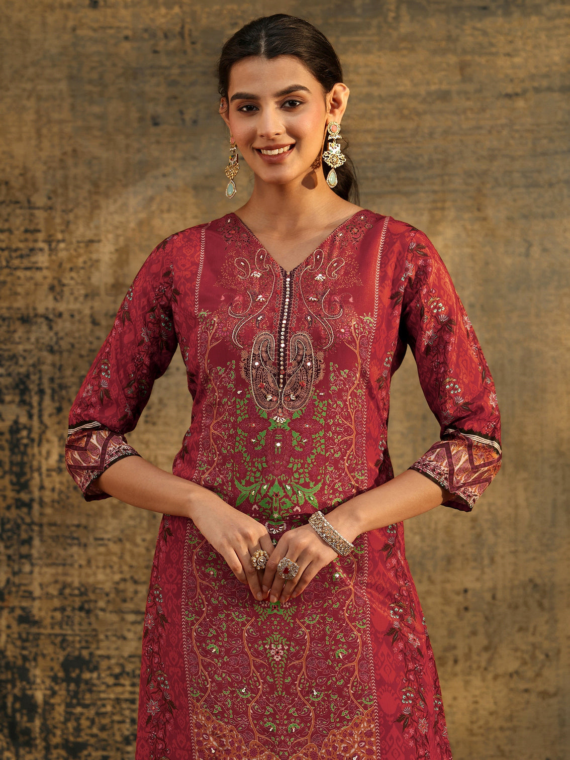 Mameraa Rust Brown Ethnic Print Chinon Straight Suit Set