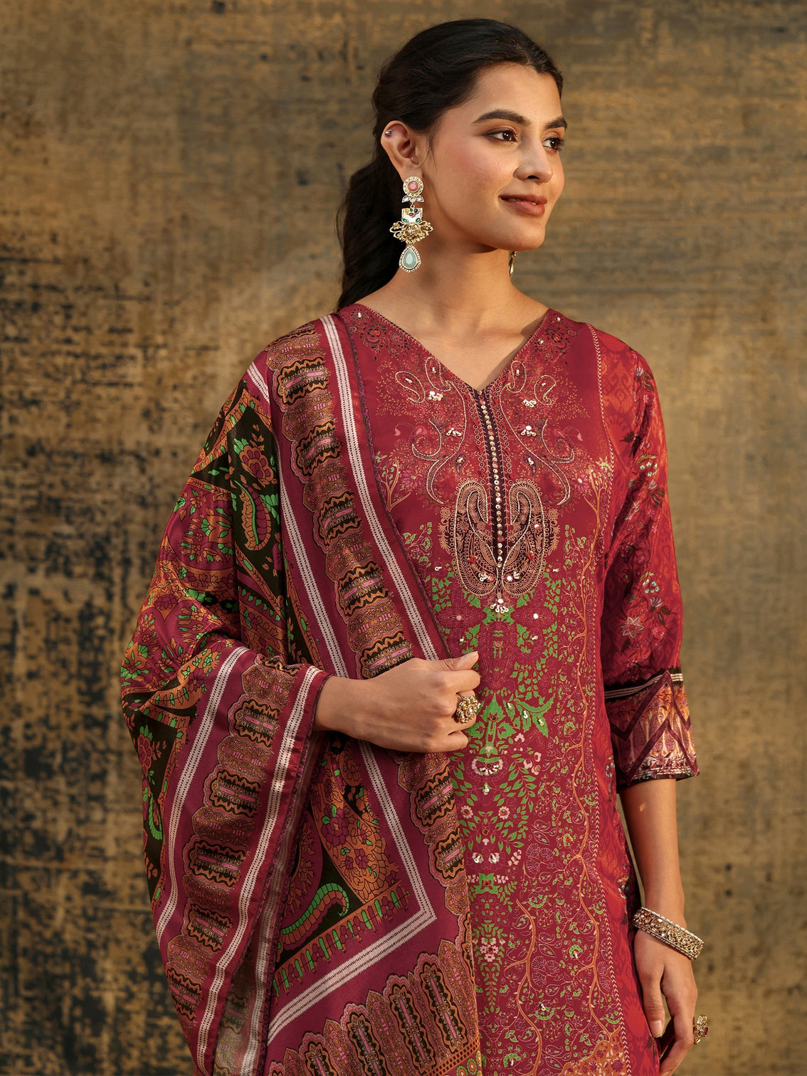 Mameraa Rust Brown Ethnic Print Chinon Straight Suit Set
