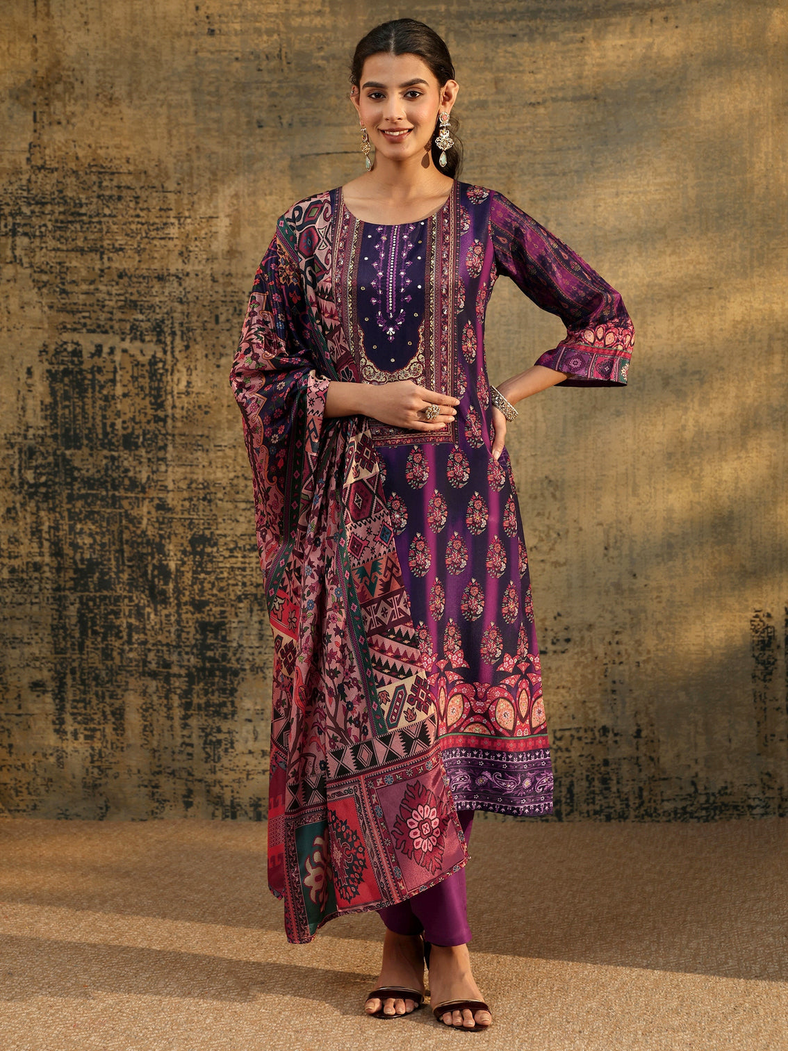 Mameraa Dark Purple Floral Embroidered  Chinon Straight Suit Set