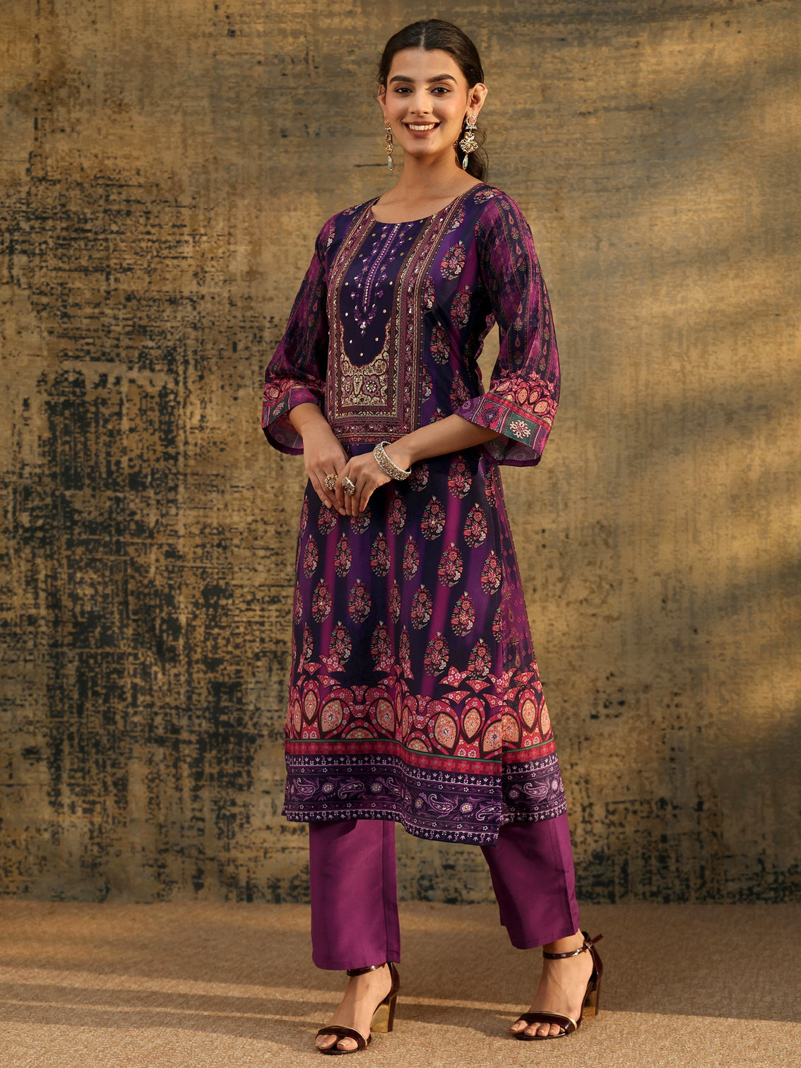 Mameraa Dark Purple Floral Embroidered  Chinon Straight Suit Set