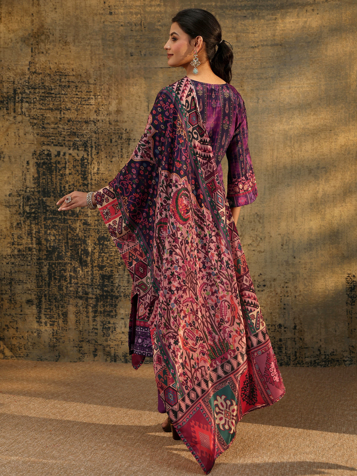 Mameraa Dark Purple Floral Embroidered  Chinon Straight Suit Set