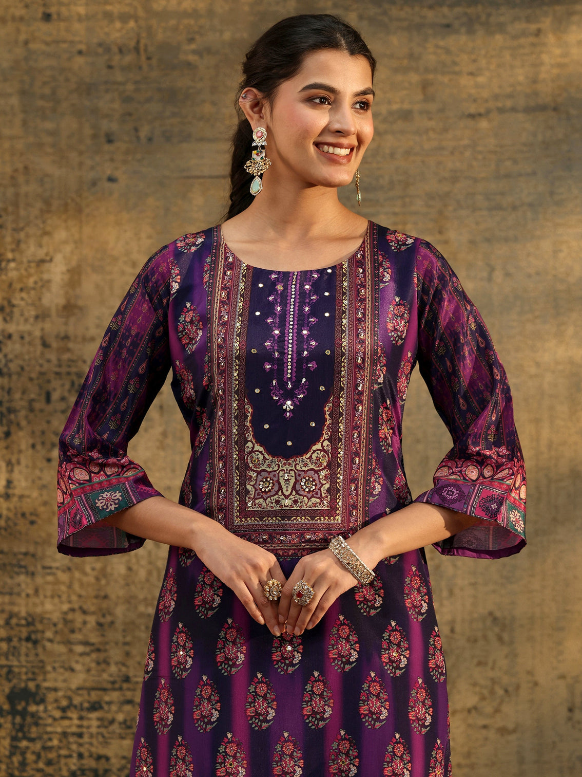 Mameraa Dark Purple Floral Embroidered  Chinon Straight Suit Set