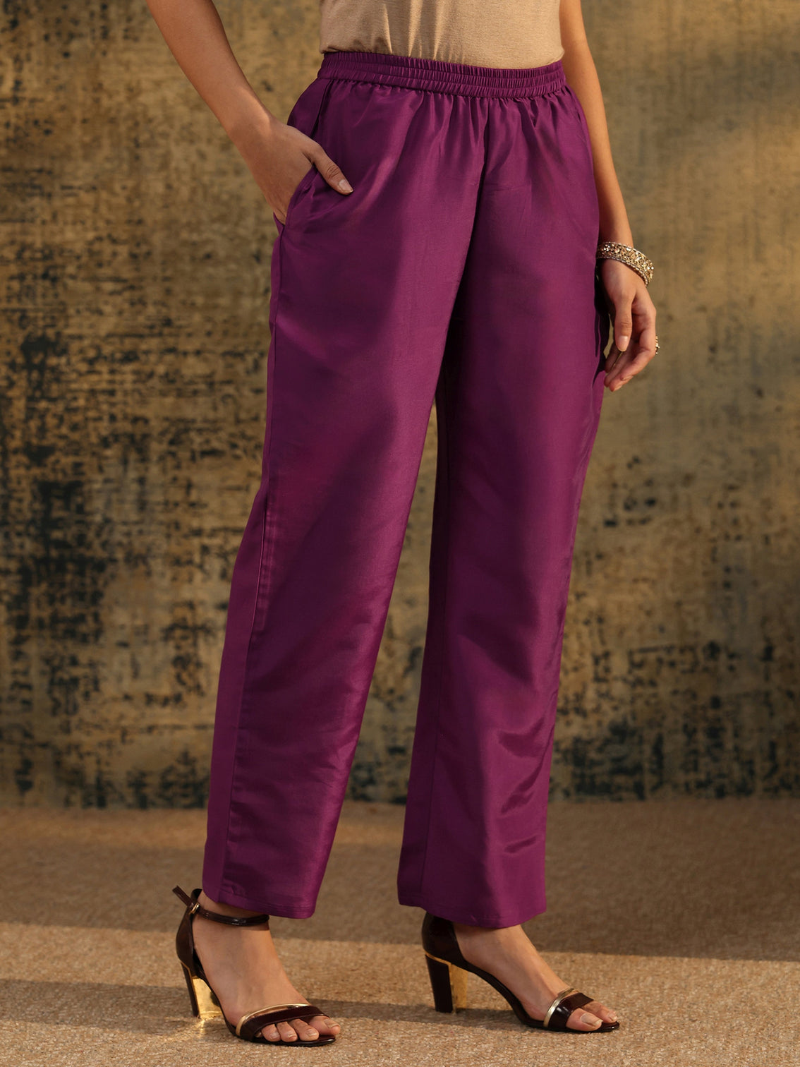 Mameraa Dark Purple Floral Embroidered  Chinon Straight Suit Set