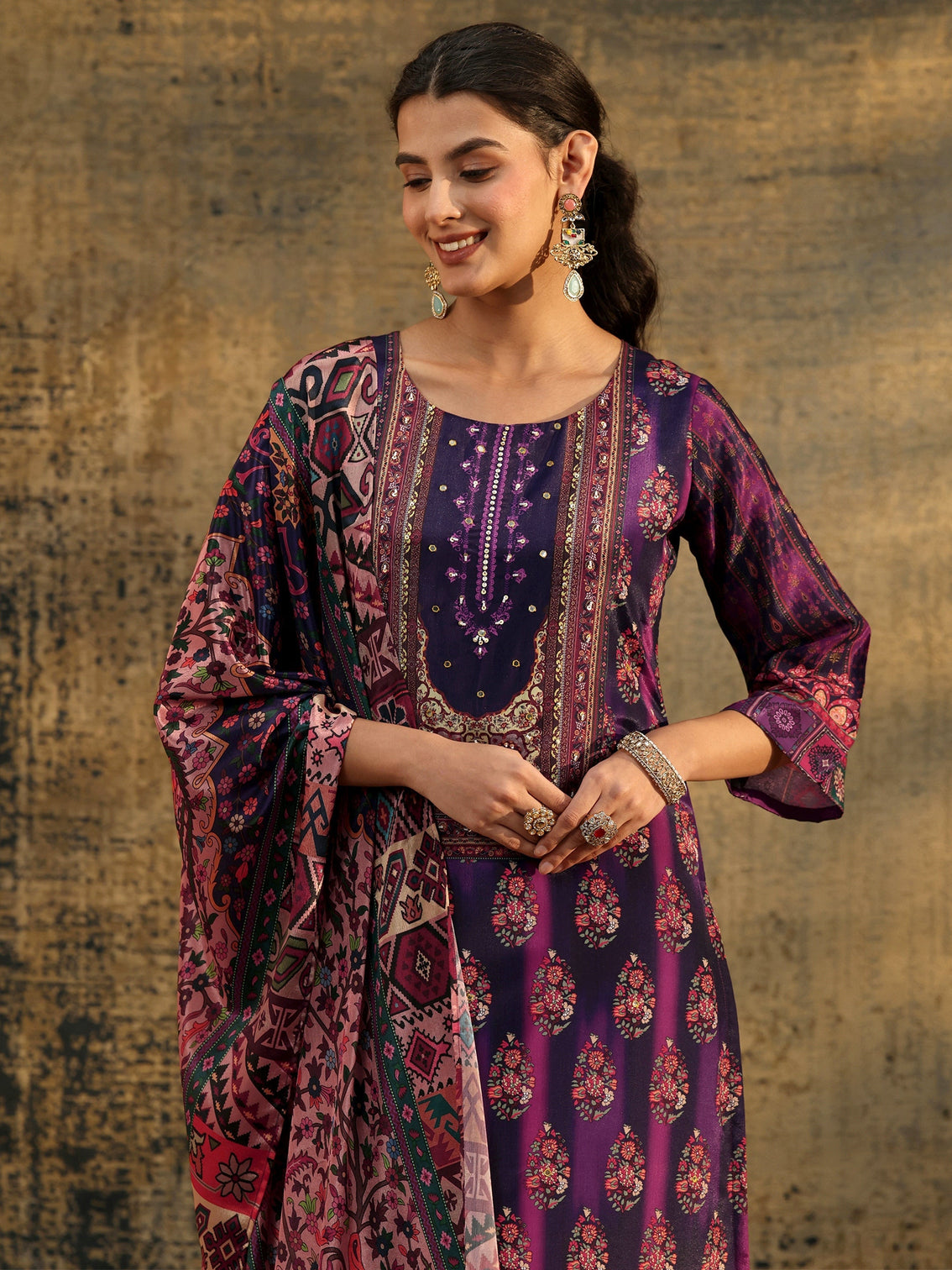 Mameraa Dark Purple Floral Embroidered  Chinon Straight Suit Set