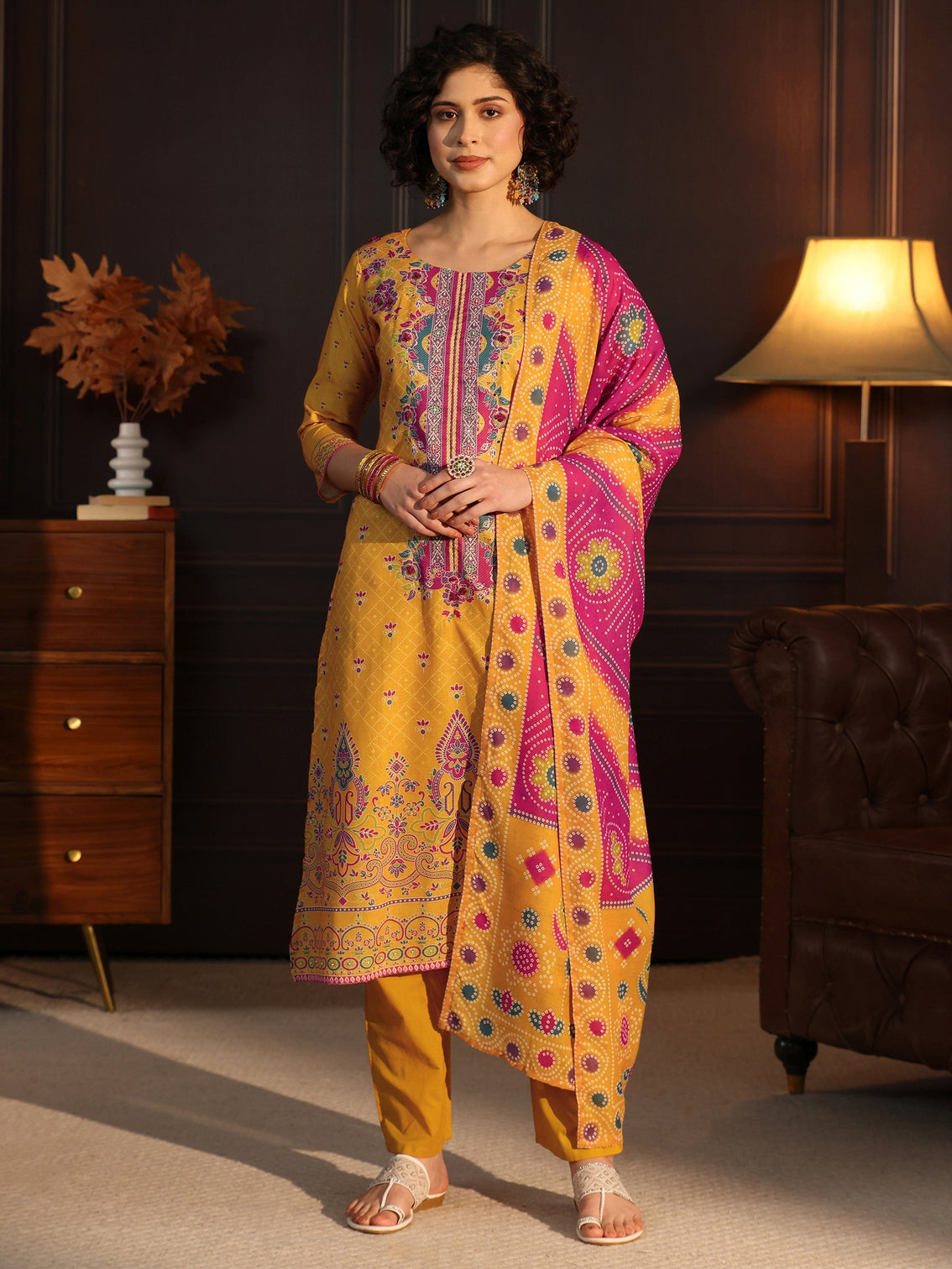 Mameraa Yellow Floral Printed Cotton Straight Suit Set