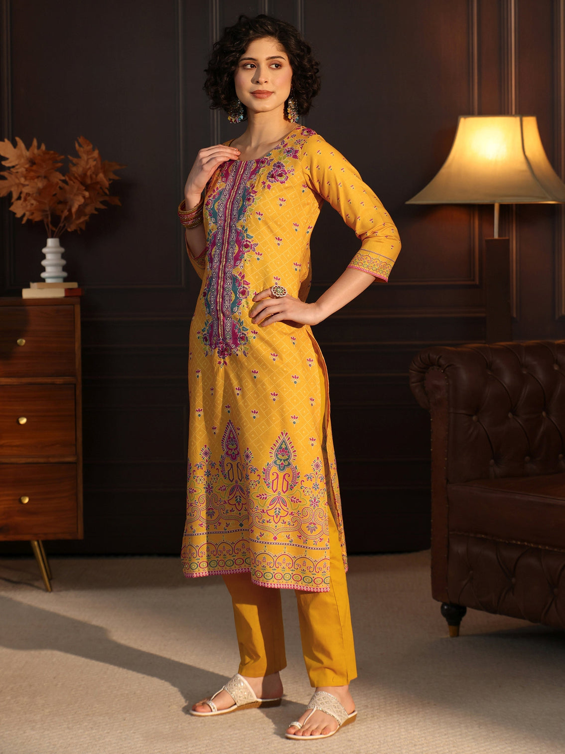 Mameraa Yellow Floral Printed Cotton Straight Suit Set