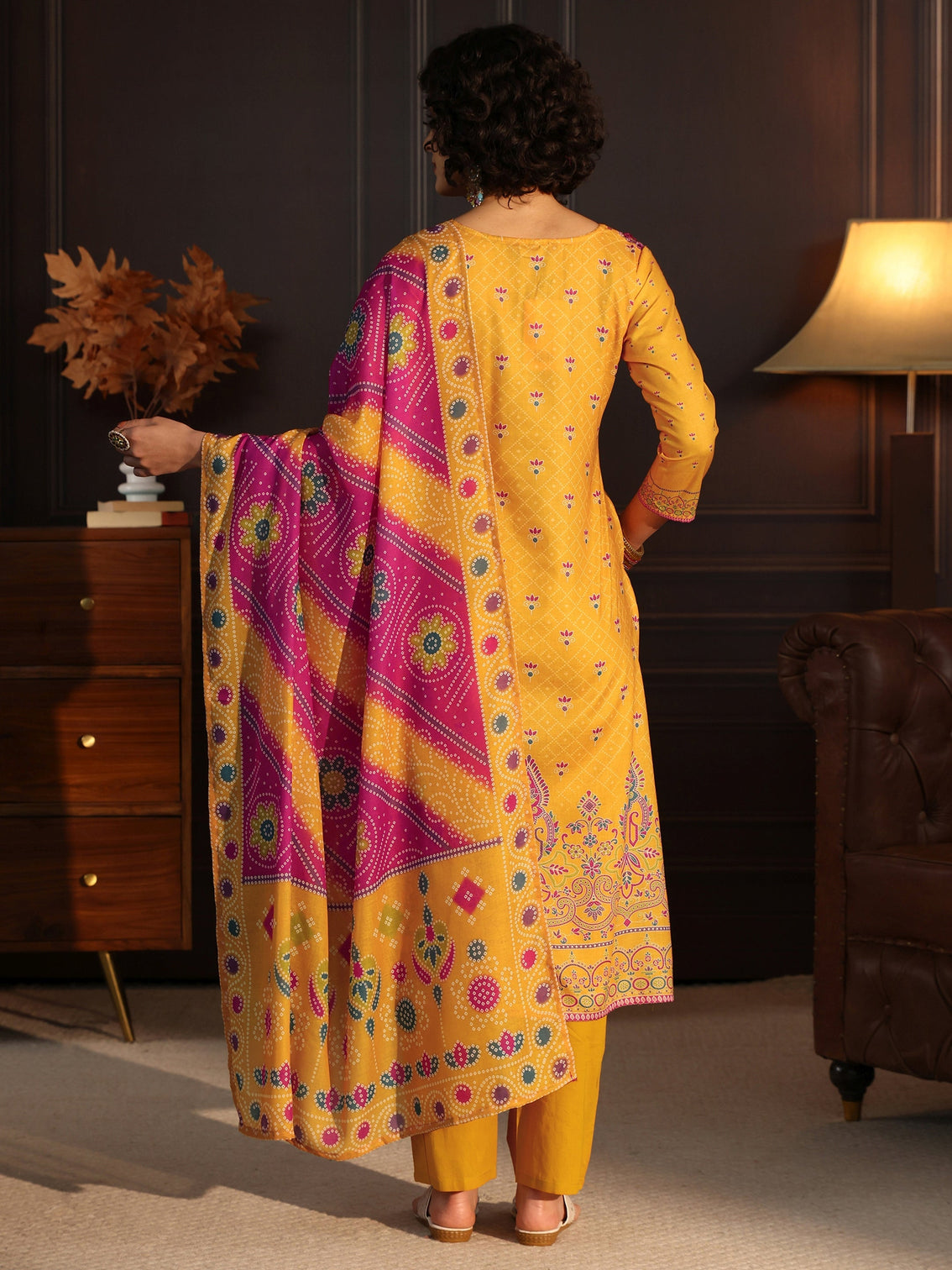 Mameraa Yellow Floral Printed Cotton Straight Suit Set