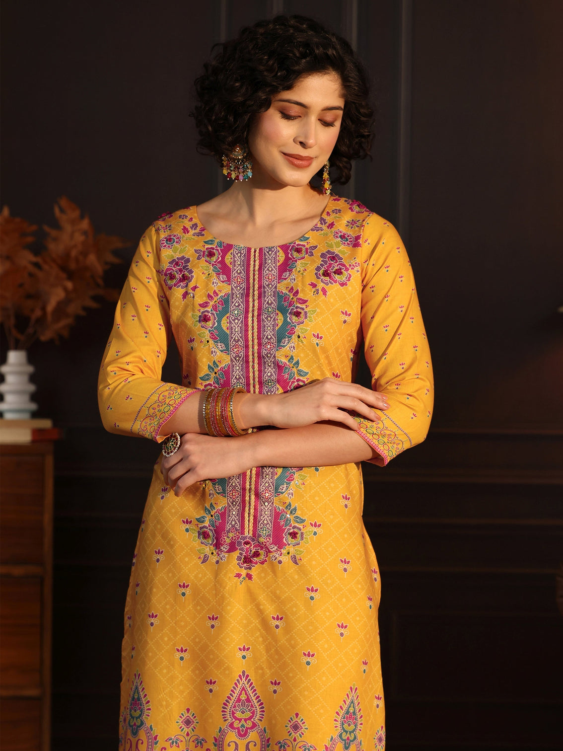 Mameraa Yellow Floral Printed Cotton Straight Suit Set