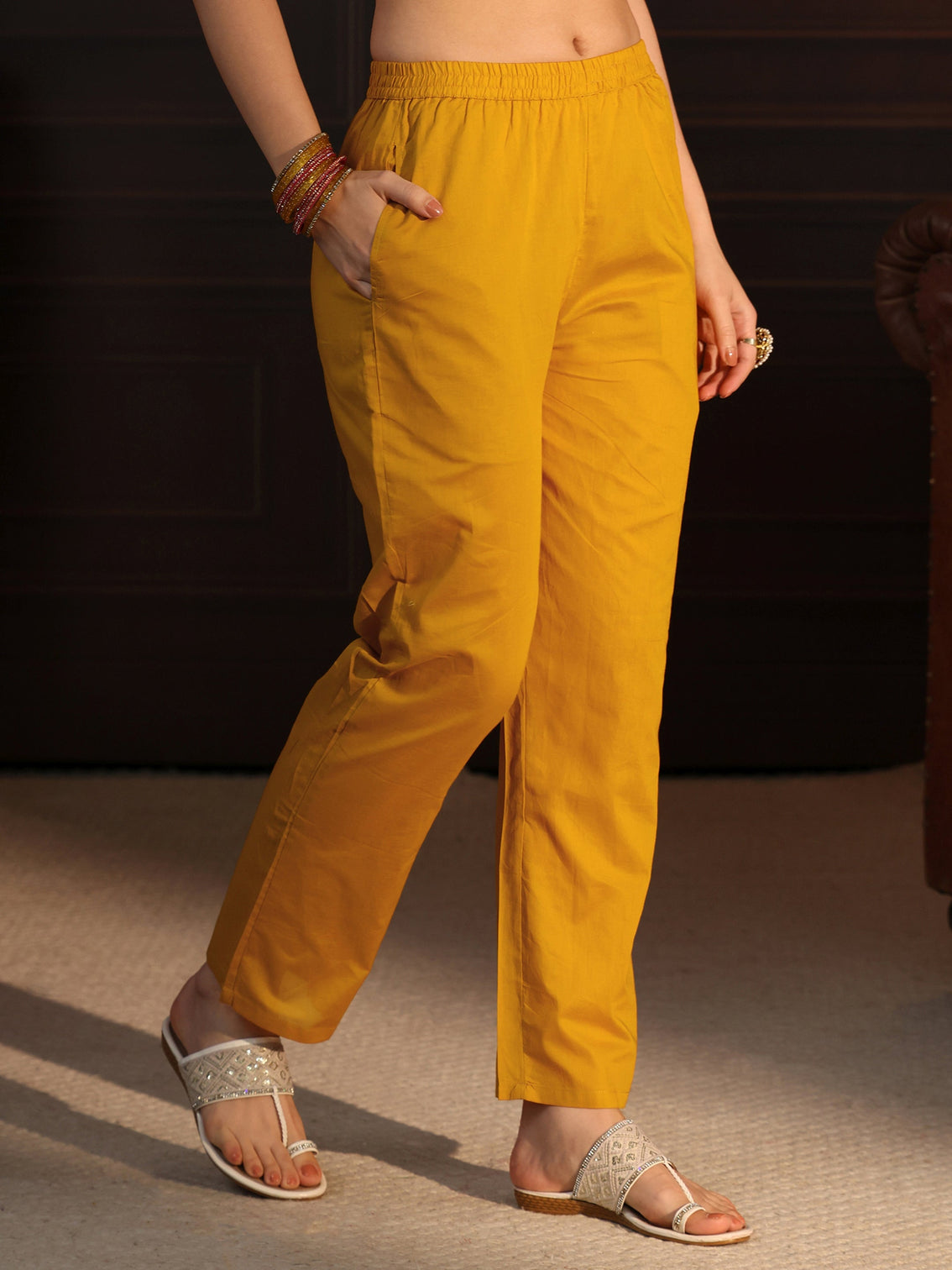 Mameraa Yellow Floral Printed Cotton Straight Suit Set
