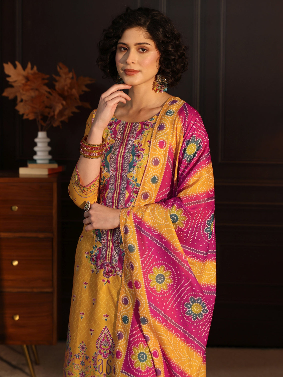 Mameraa Yellow Floral Printed Cotton Straight Suit Set