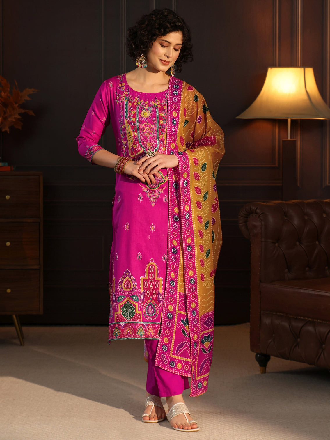 Mameraa Pink Floral Printed Cotton Straight Suit Set