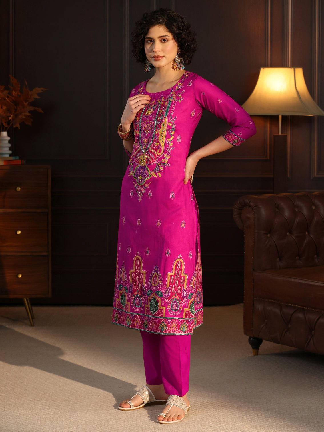 Mameraa Pink Floral Printed Cotton Straight Suit Set