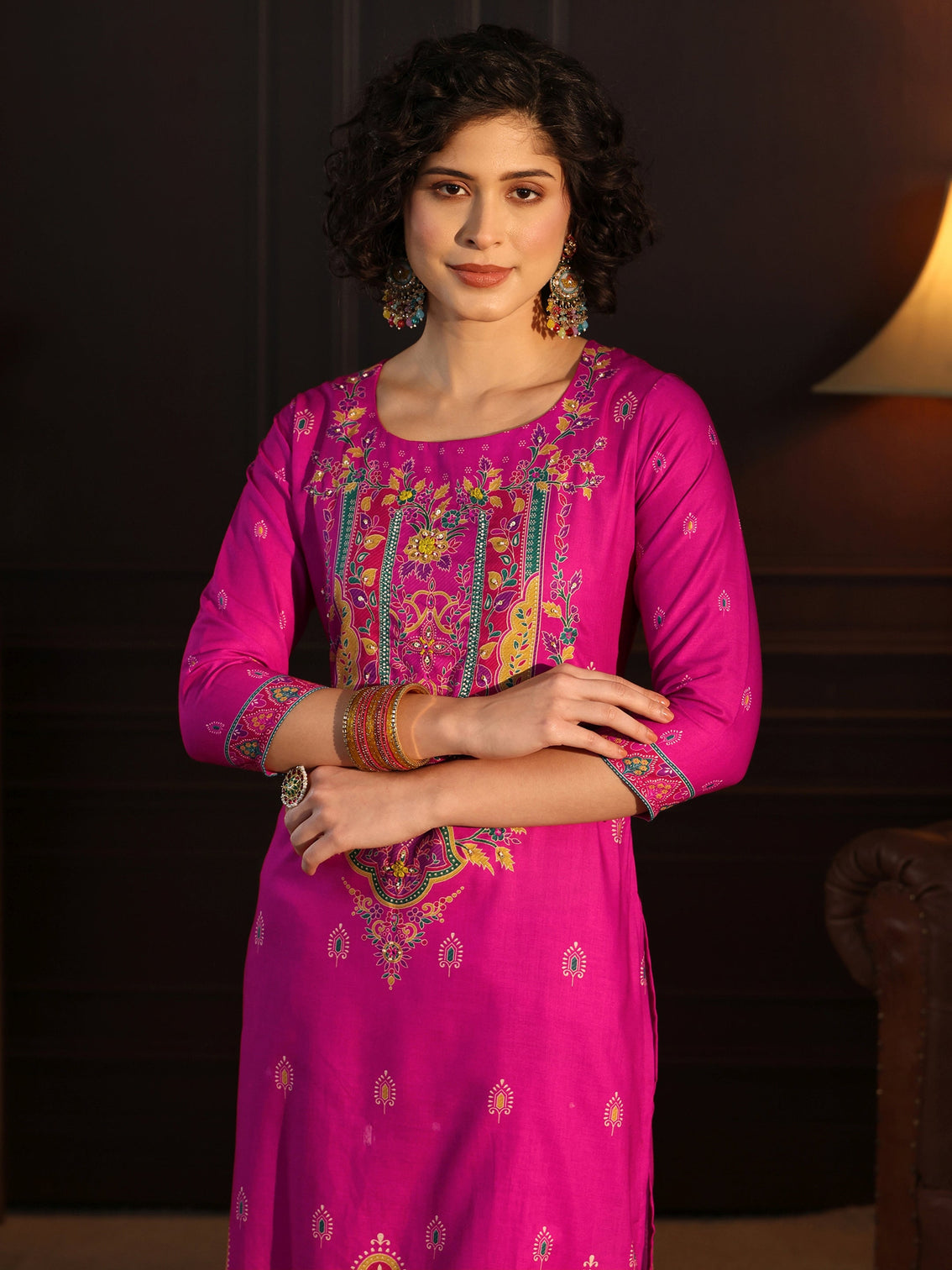 Mameraa Pink Floral Printed Cotton Straight Suit Set