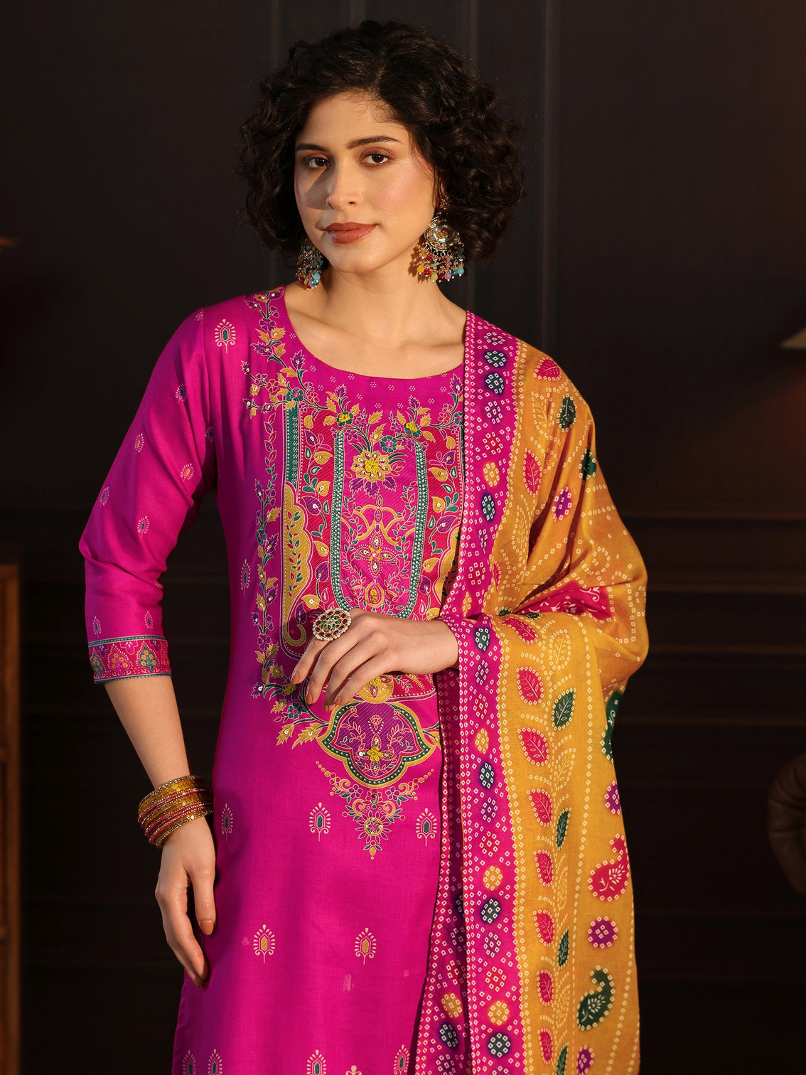 Mameraa Pink Floral Printed Cotton Straight Suit Set