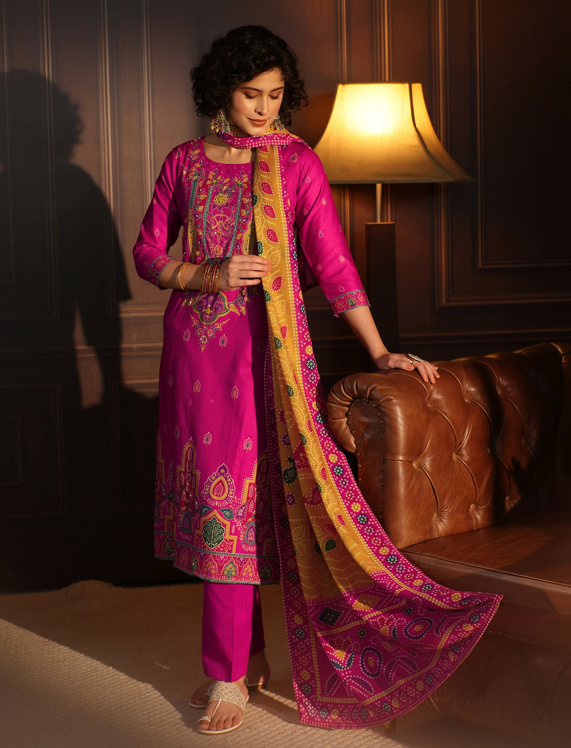 Mameraa Pink Floral Printed Cotton Straight Suit Set