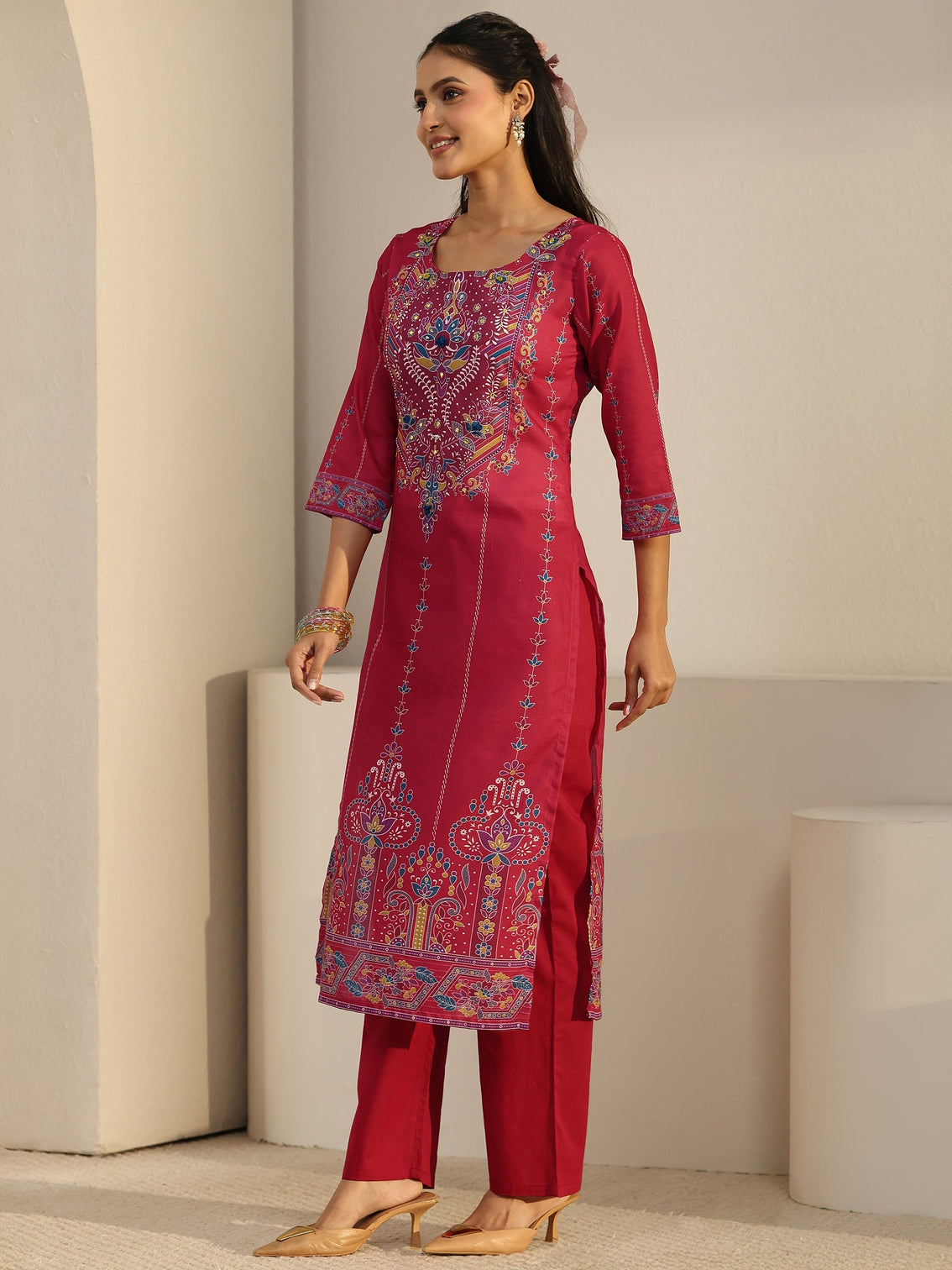 Mameraa Coral Pink Printed Cotton Straight Suit Set