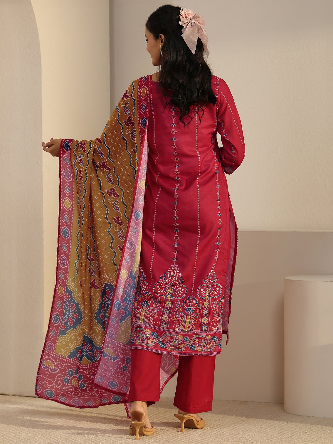 Mameraa Coral Pink Printed Cotton Straight Suit Set