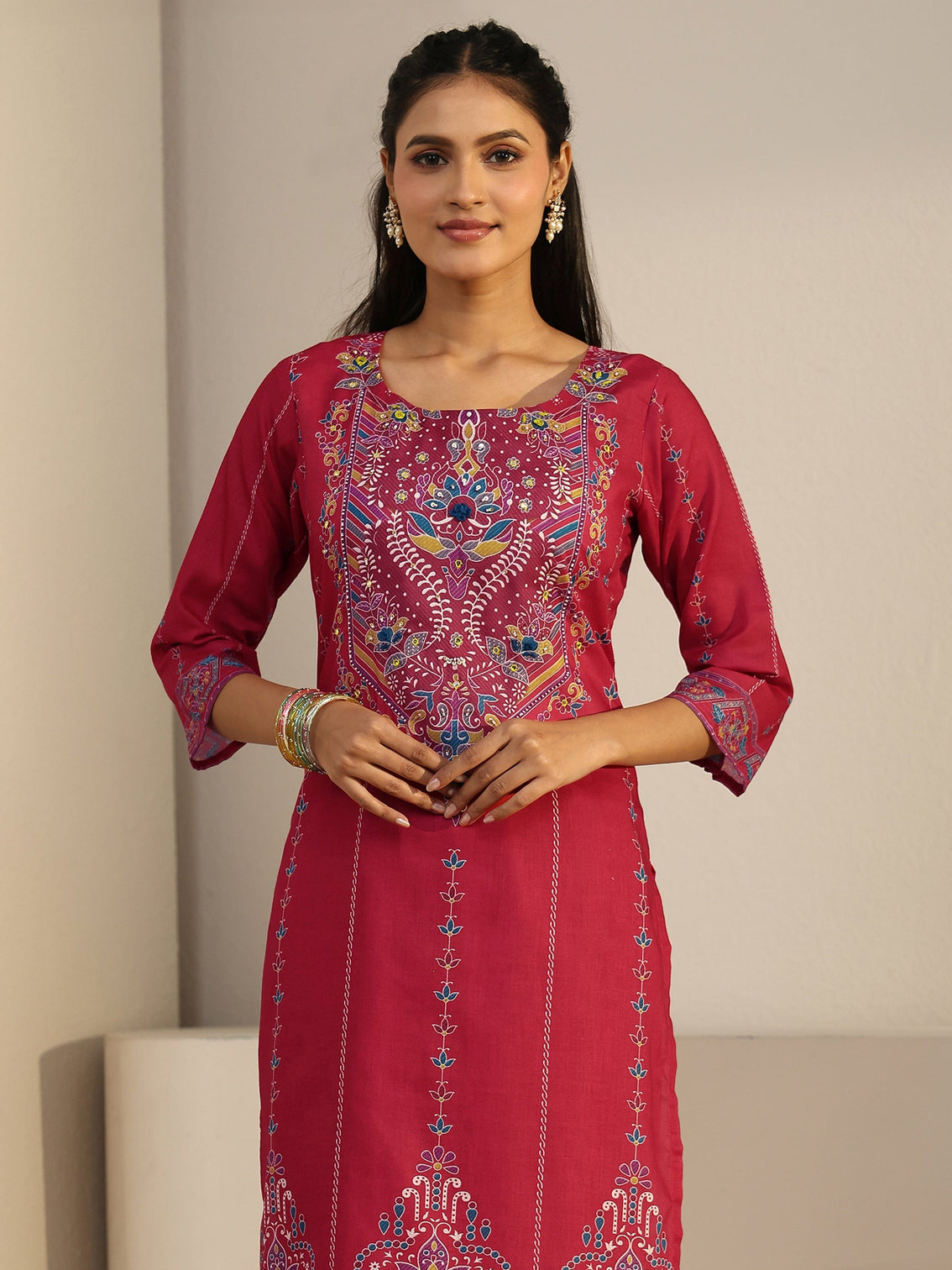 Mameraa Coral Pink Printed Cotton Straight Suit Set