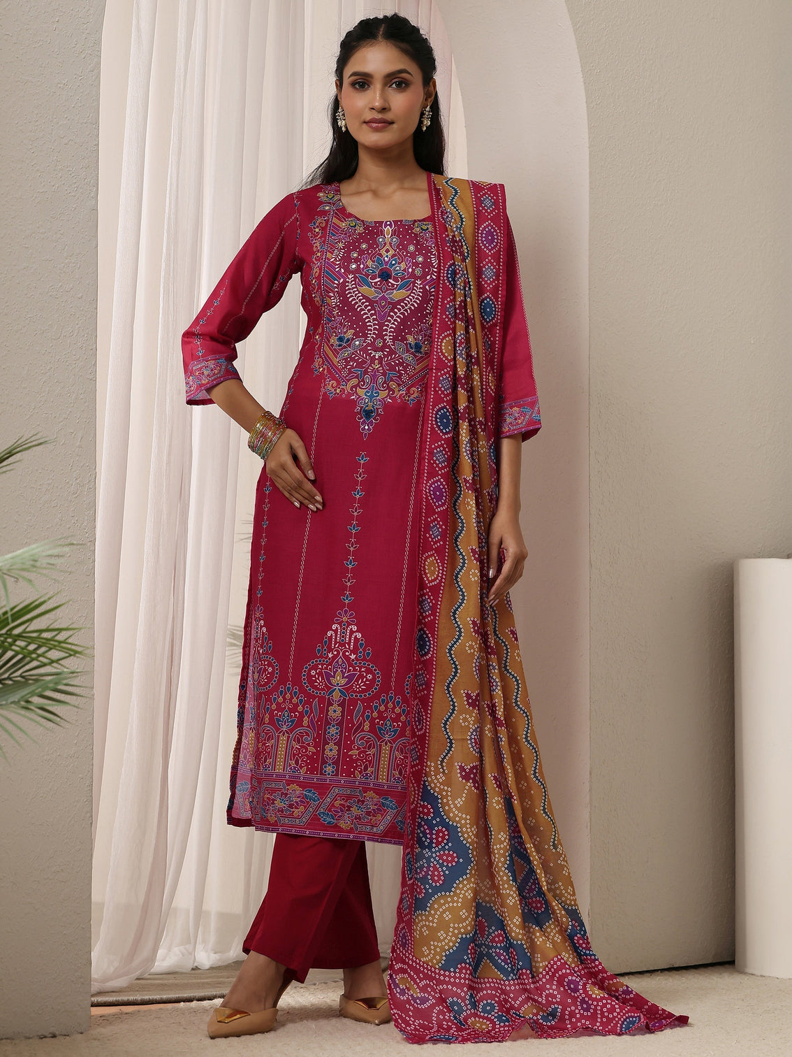 Mameraa Coral Pink Printed Cotton Straight Suit Set