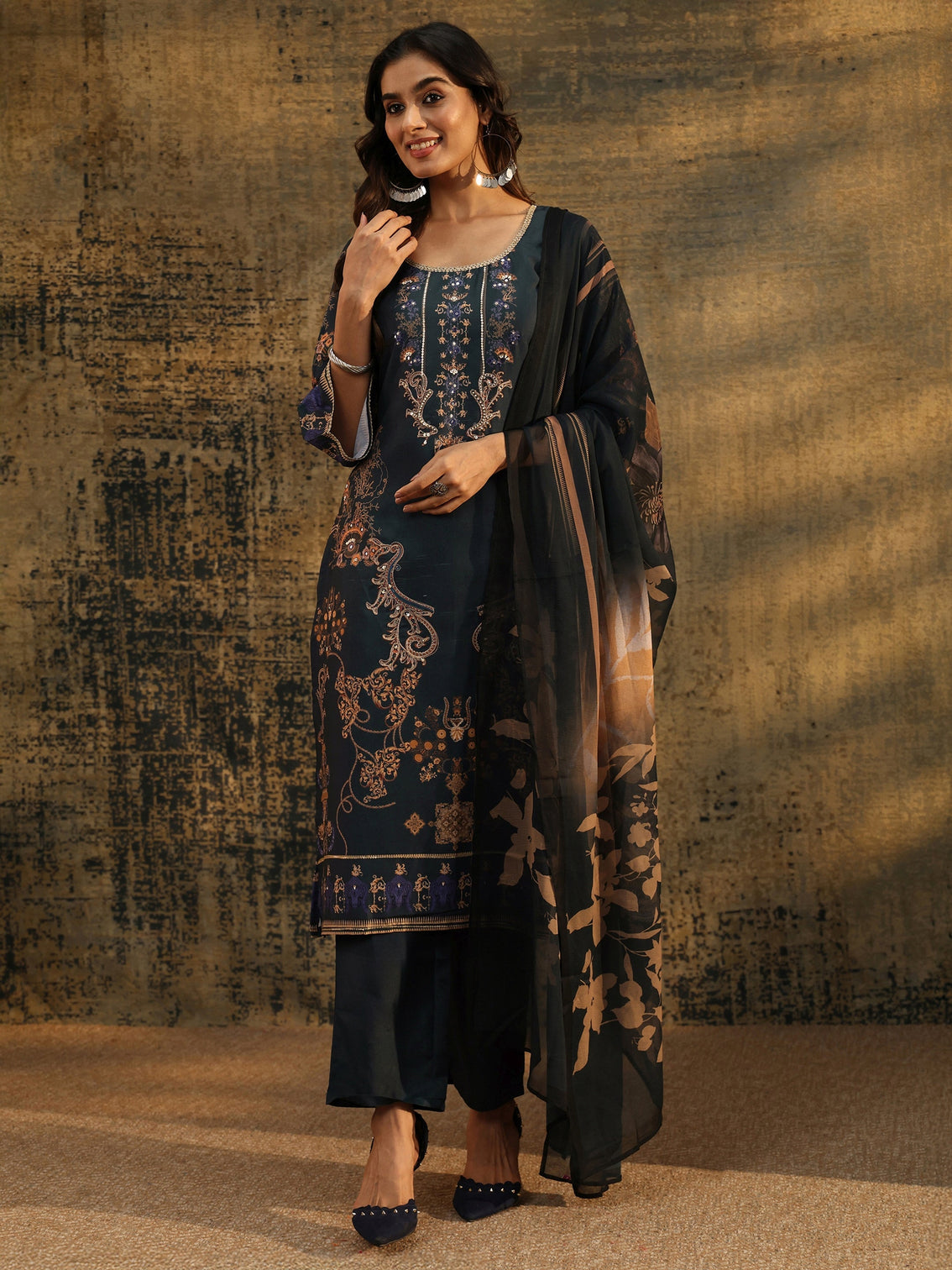 Mameraa Dark Teal Blue Embellished Silk Blend Straight Suit Set