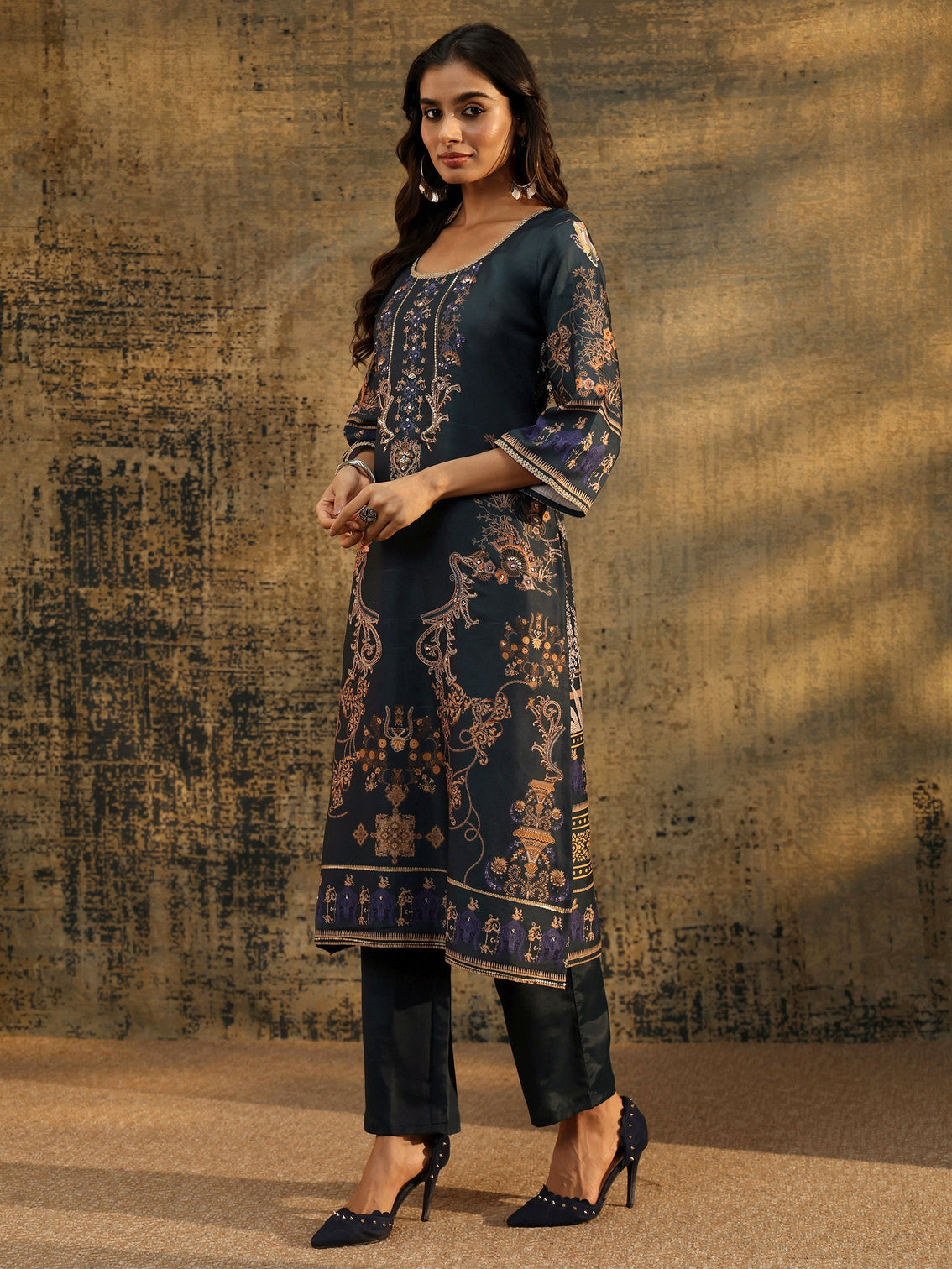 Mameraa Dark Teal Blue Embellished Silk Blend Straight Suit Set
