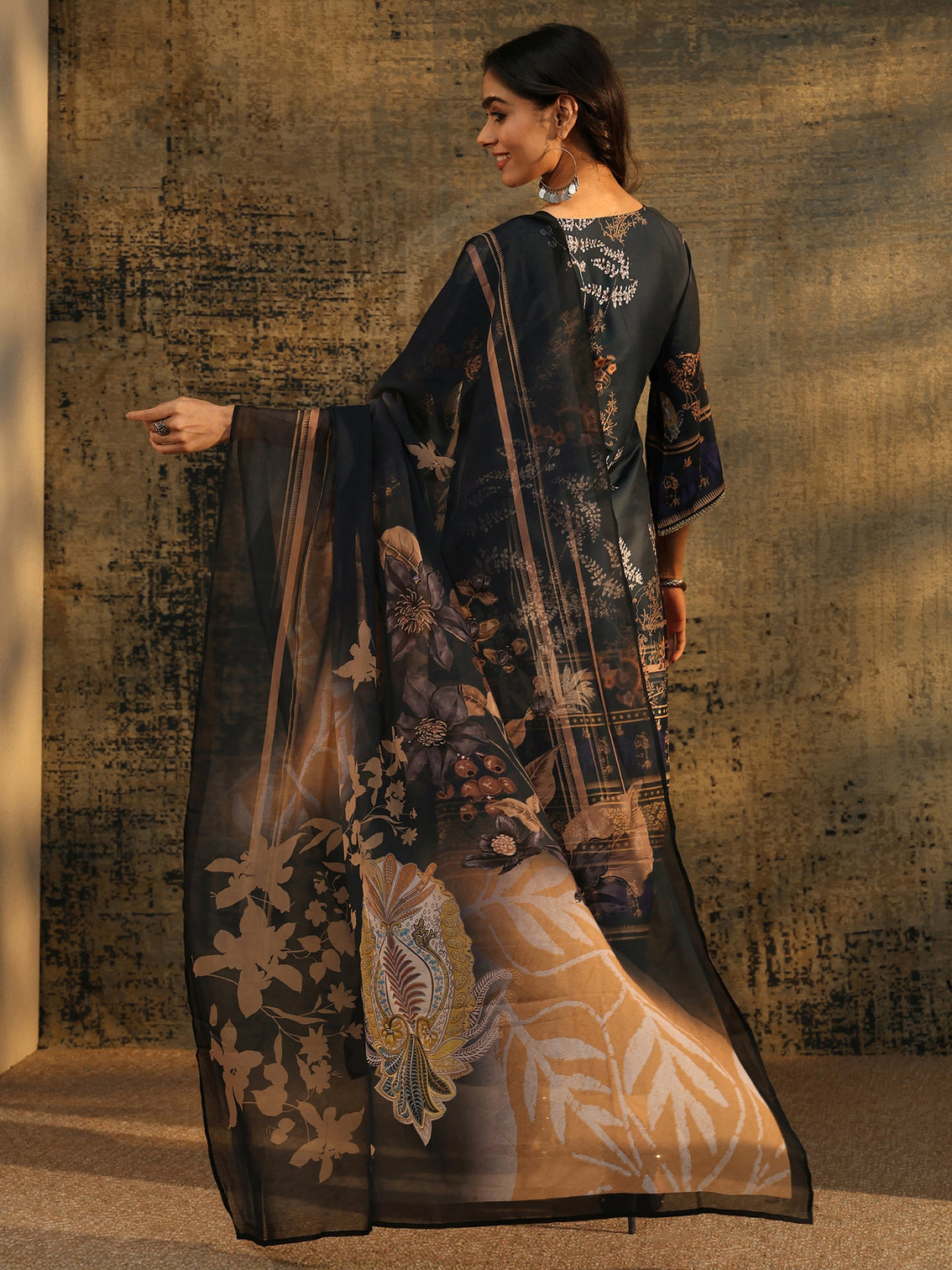 Mameraa Dark Teal Blue Embellished Silk Blend Straight Suit Set