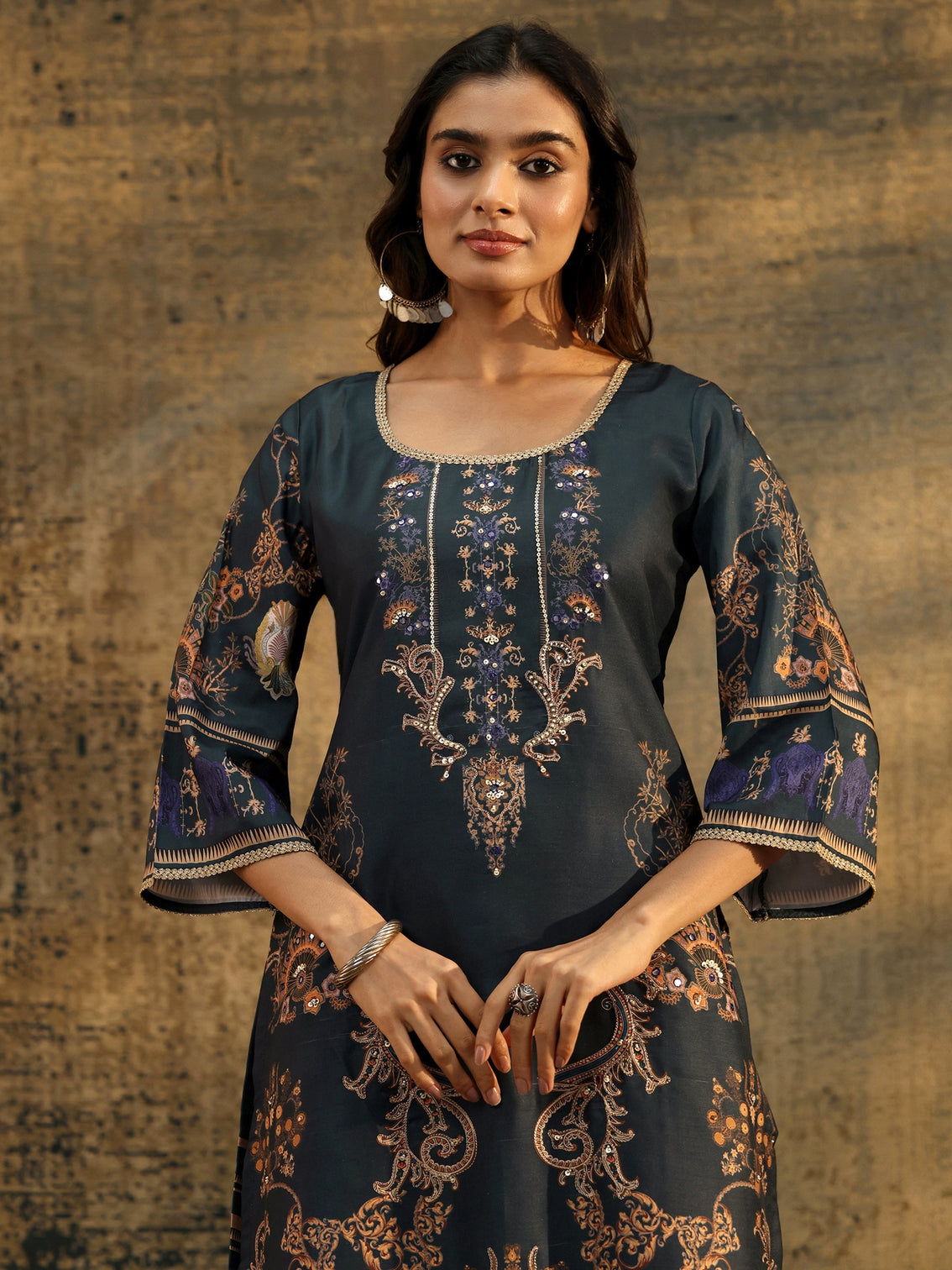 Mameraa Dark Teal Blue Embellished Silk Blend Straight Suit Set