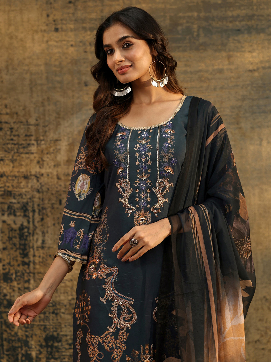 Mameraa Dark Teal Blue Embellished Silk Blend Straight Suit Set