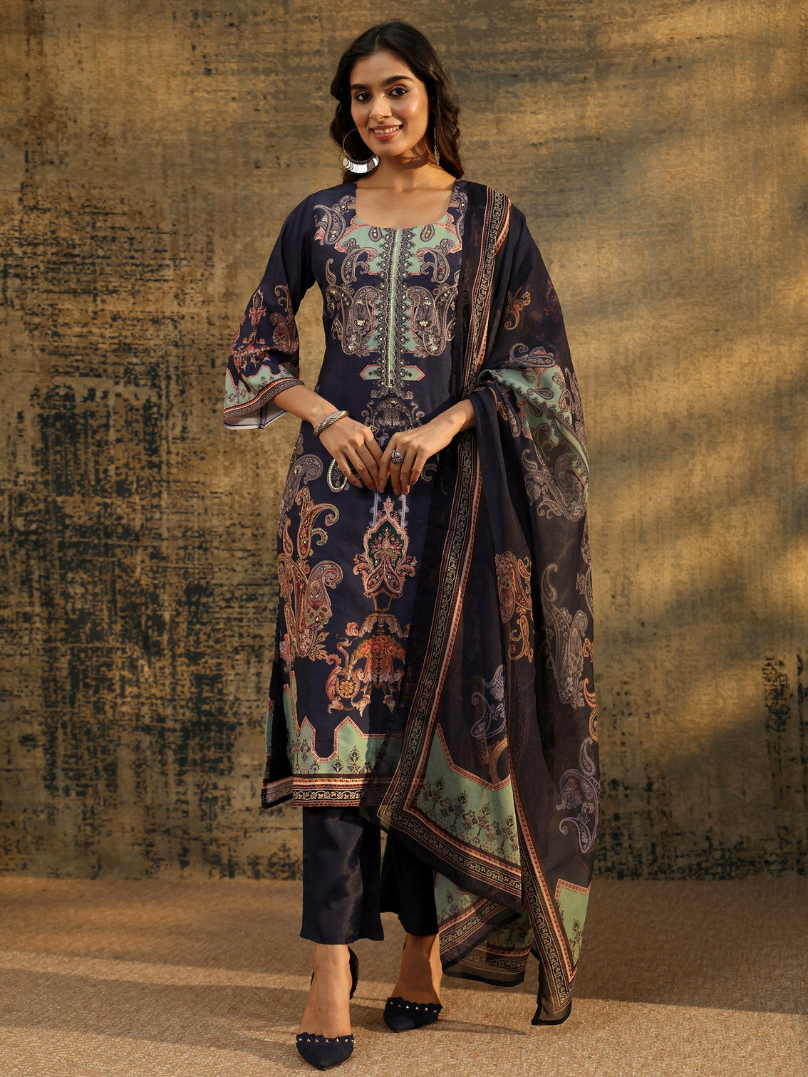 Mameraa Midnight Purple Paisley Print  Silk Blend Straight Suit Set