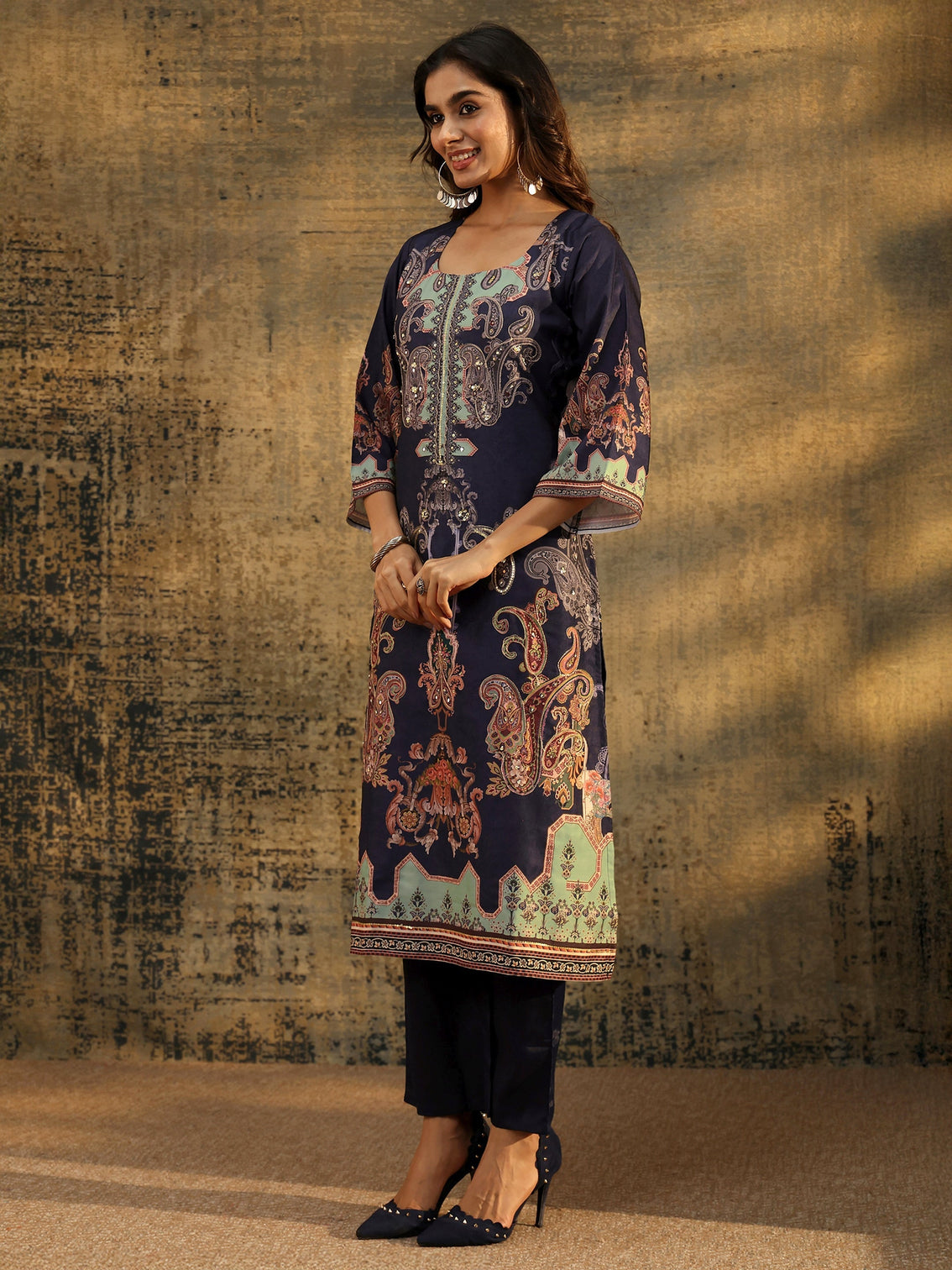 Mameraa Midnight Purple Paisley Print  Silk Blend Straight Suit Set