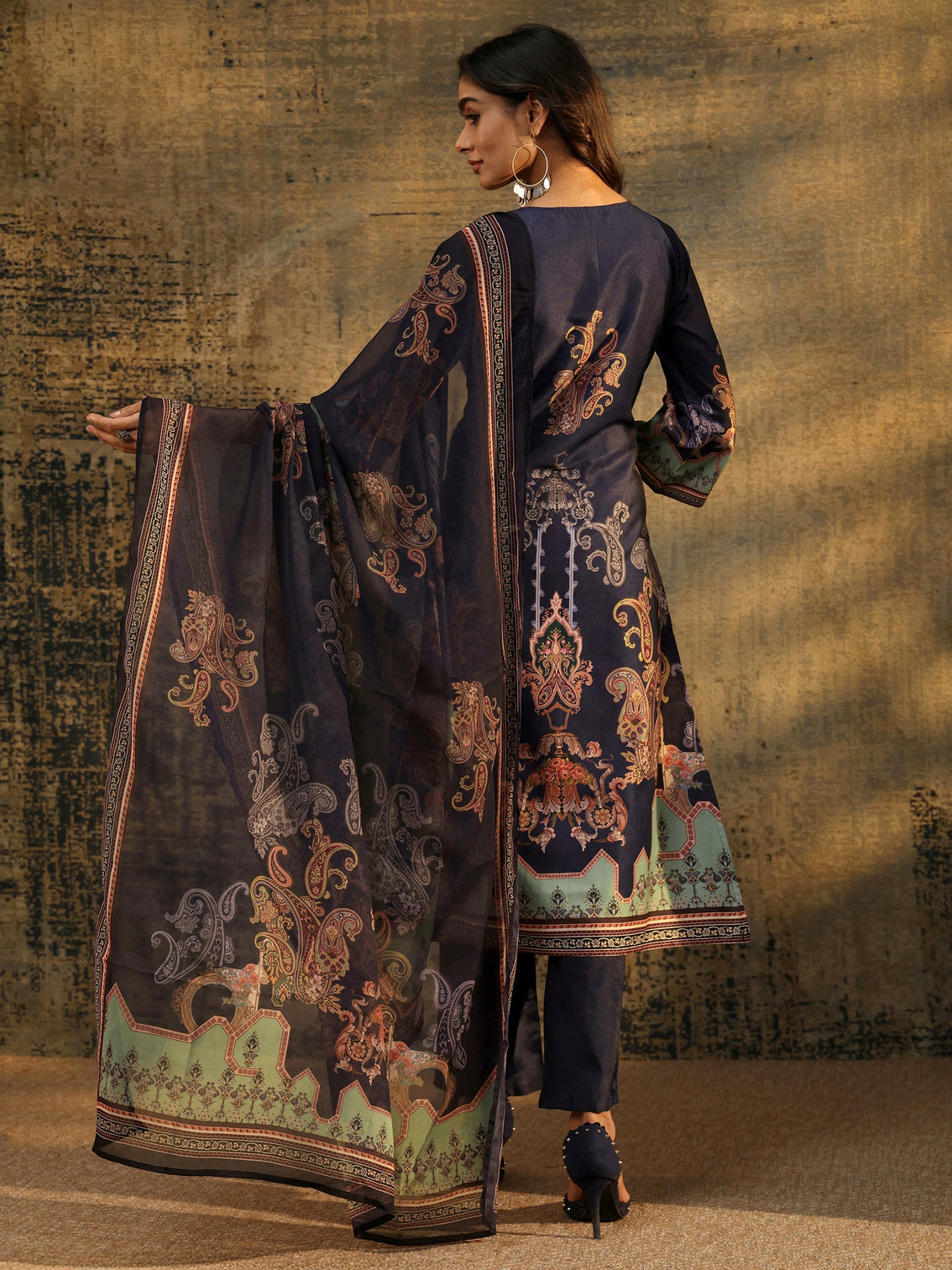 Mameraa Midnight Purple Paisley Print  Silk Blend Straight Suit Set