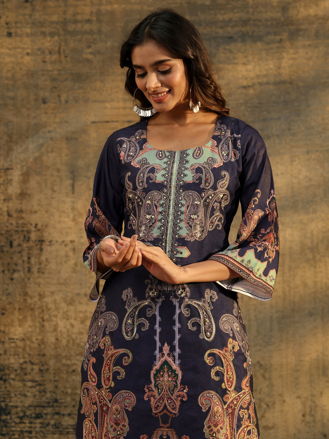 Mameraa Midnight Purple Paisley Print  Silk Blend Straight Suit Set