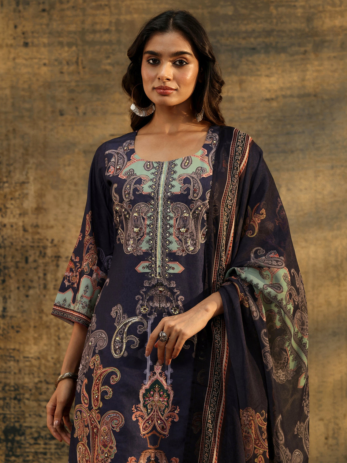Mameraa Midnight Purple Paisley Print  Silk Blend Straight Suit Set