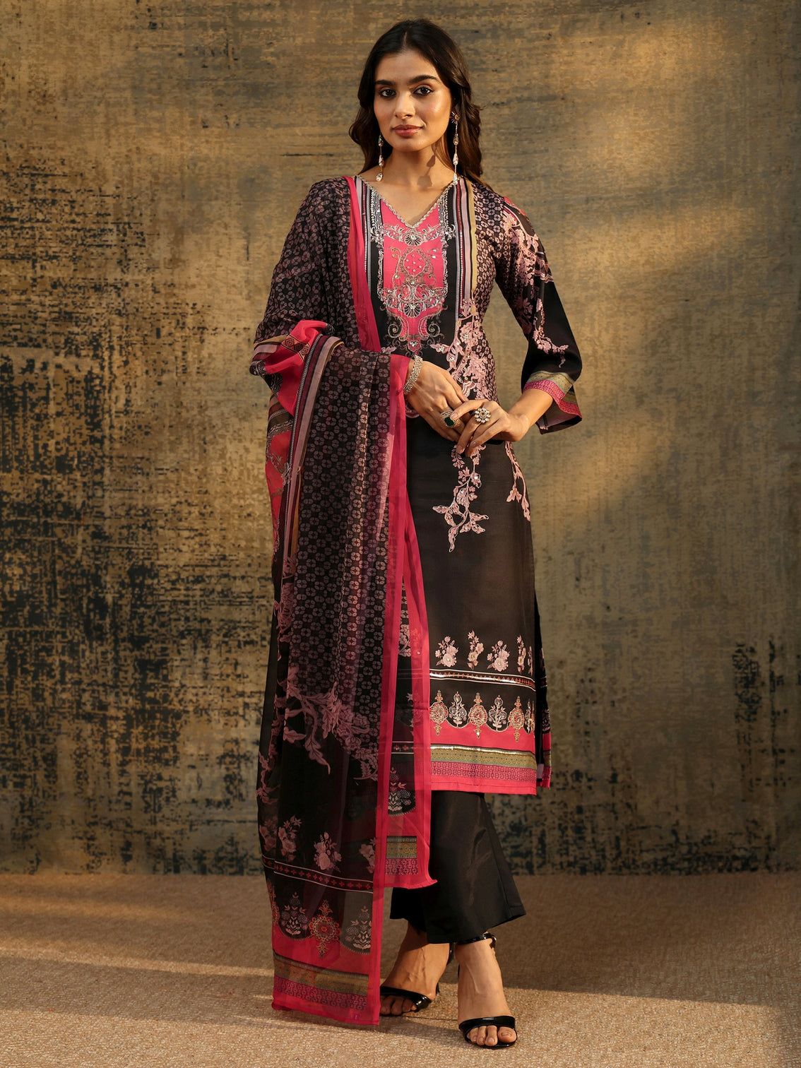 Mameraa Black Floral Embellished Silk Blend Straight Suit Set