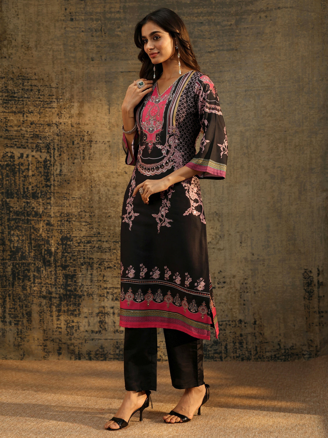 Mameraa Black Floral Embellished Silk Blend Straight Suit Set