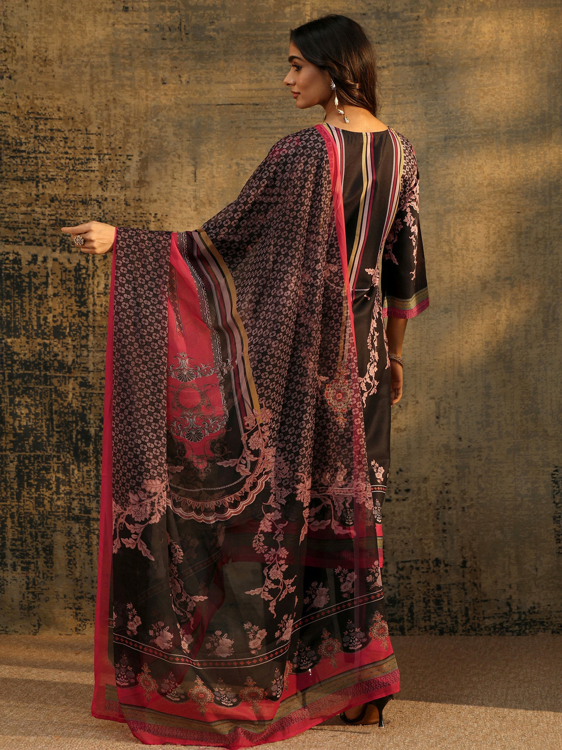 Mameraa Black Floral Embellished Silk Blend Straight Suit Set