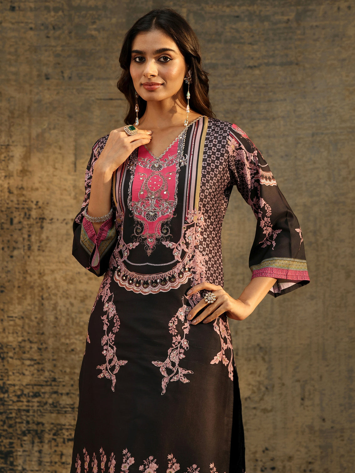 Mameraa Black Floral Embellished Silk Blend Straight Suit Set