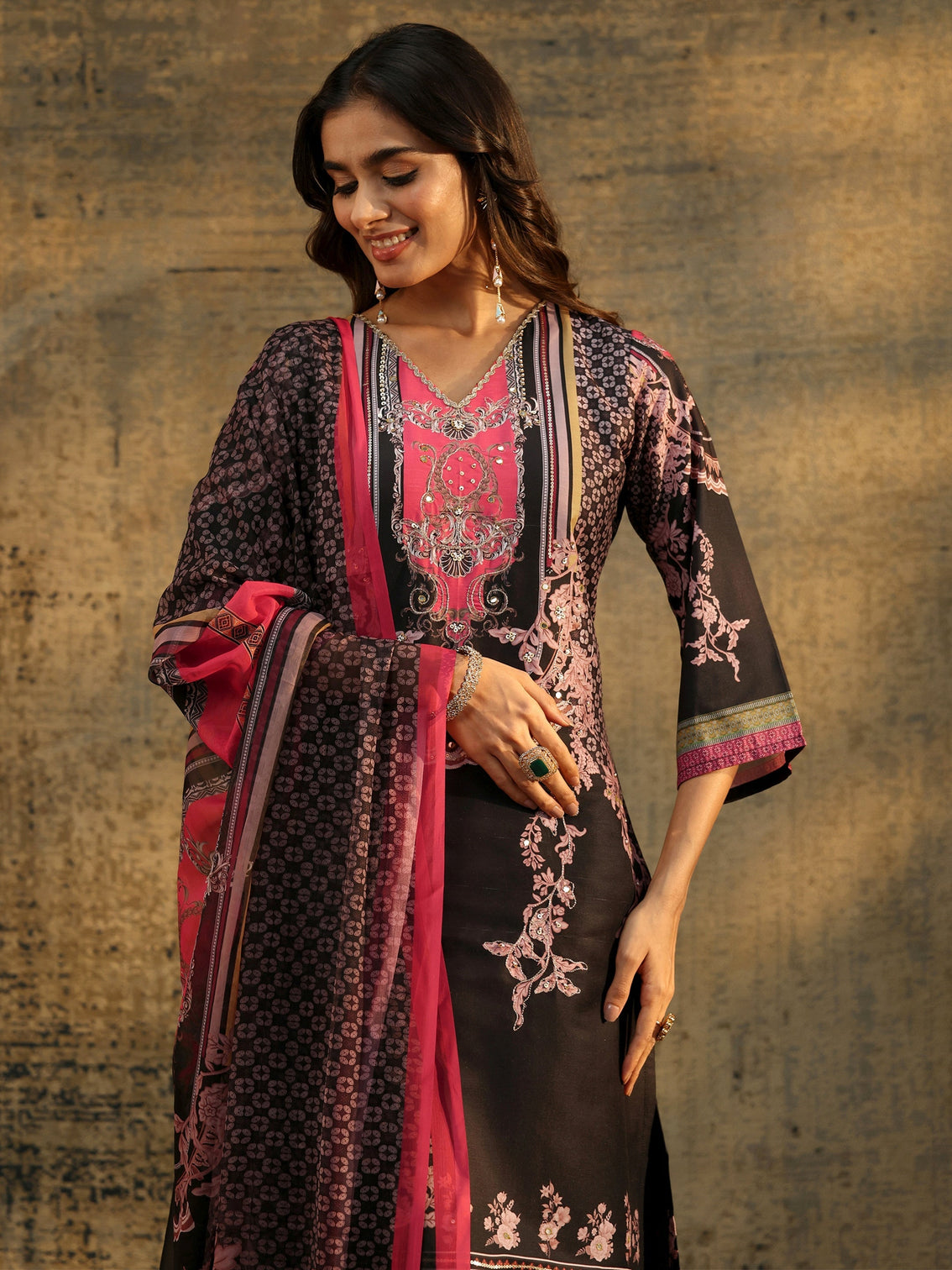 Mameraa Black Floral Embellished Silk Blend Straight Suit Set
