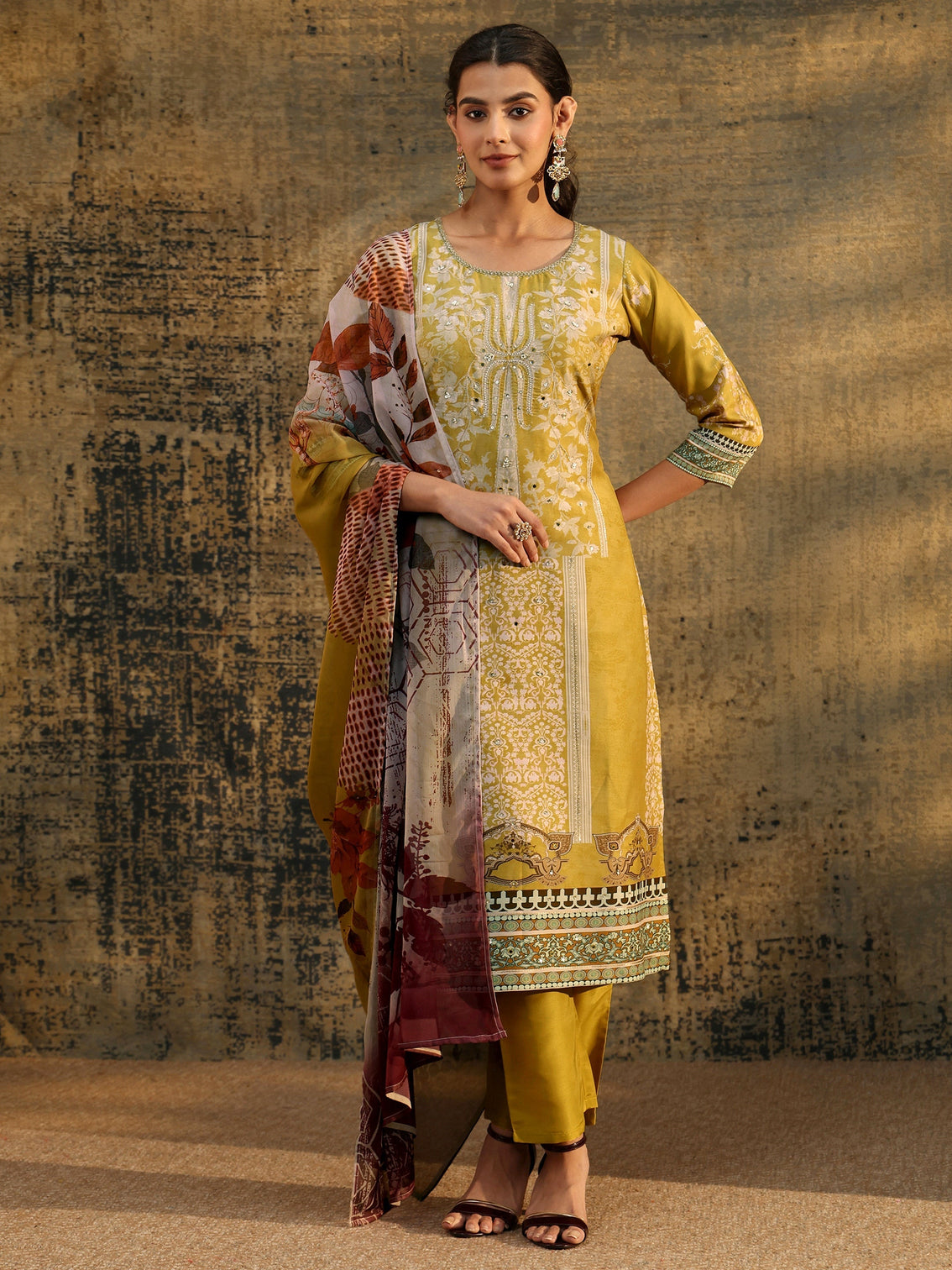 Mameraa Mustard Yellow Floral Printed Silk Blend Straight Suit Set