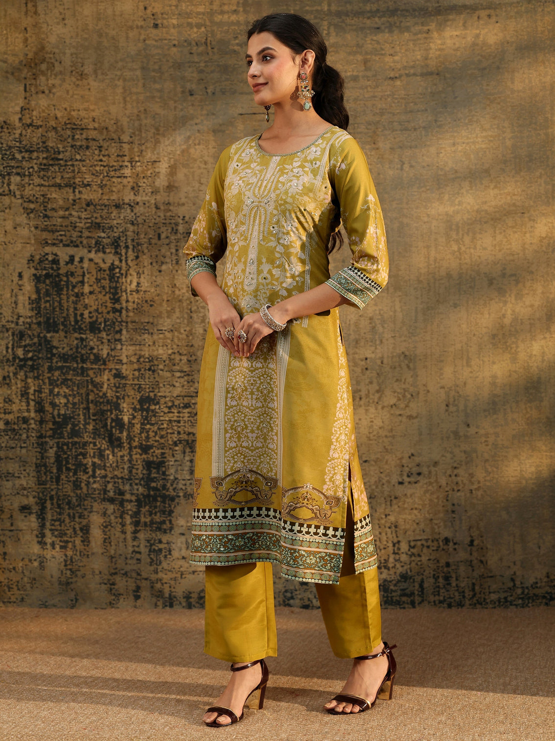 Mameraa Mustard Yellow Floral Printed Silk Blend Straight Suit Set