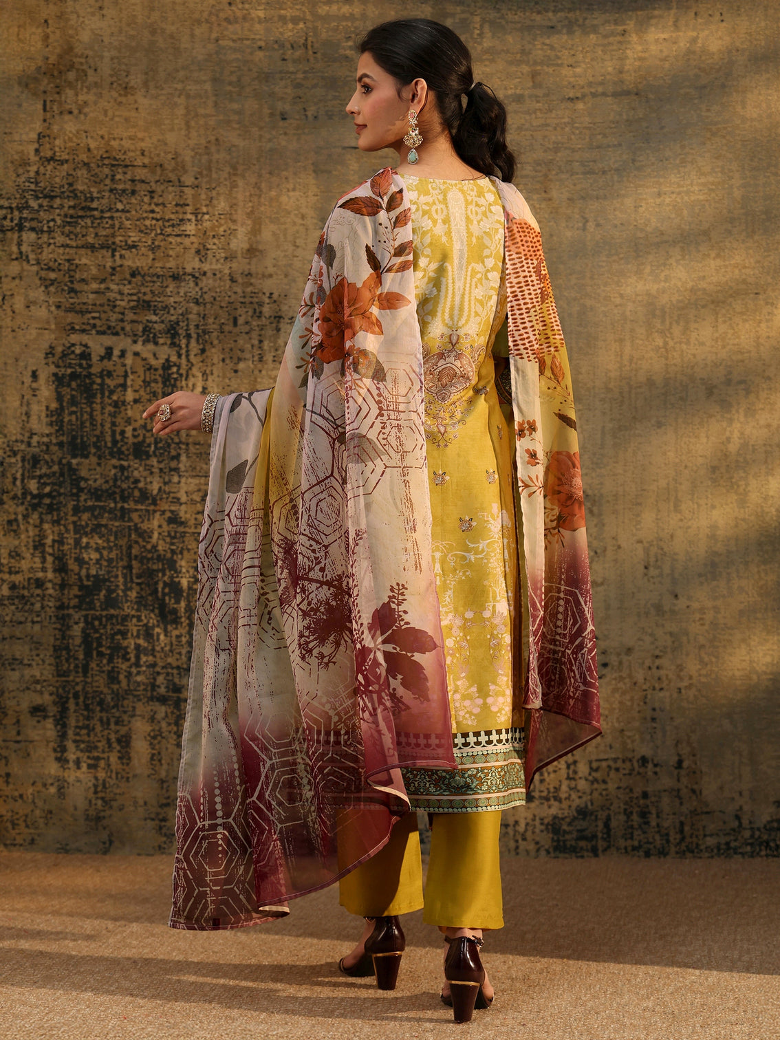 Mameraa Mustard Yellow Floral Printed Silk Blend Straight Suit Set